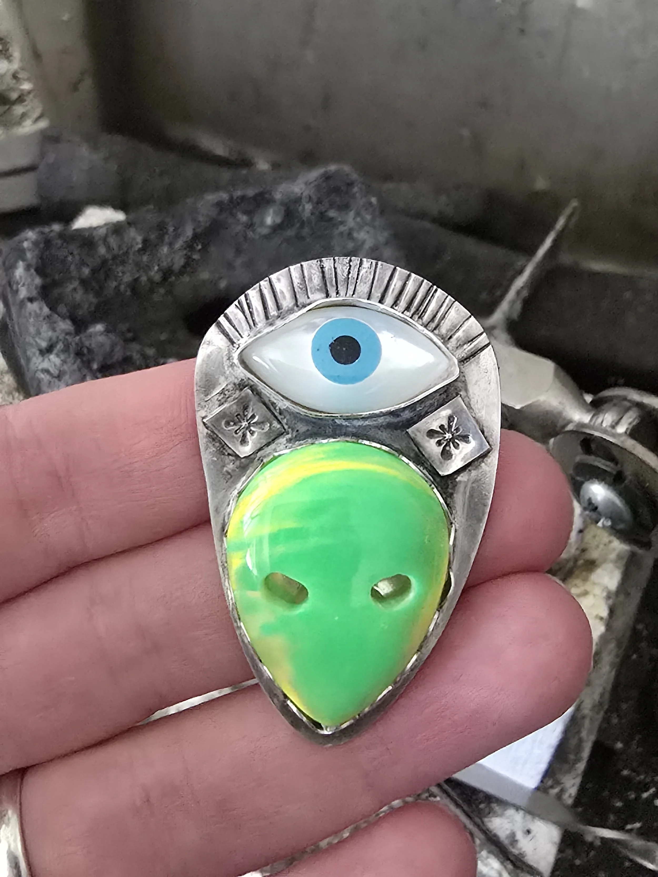 Custom made alien brooch/pendant with mother of pearl eye and Aurora opal alien