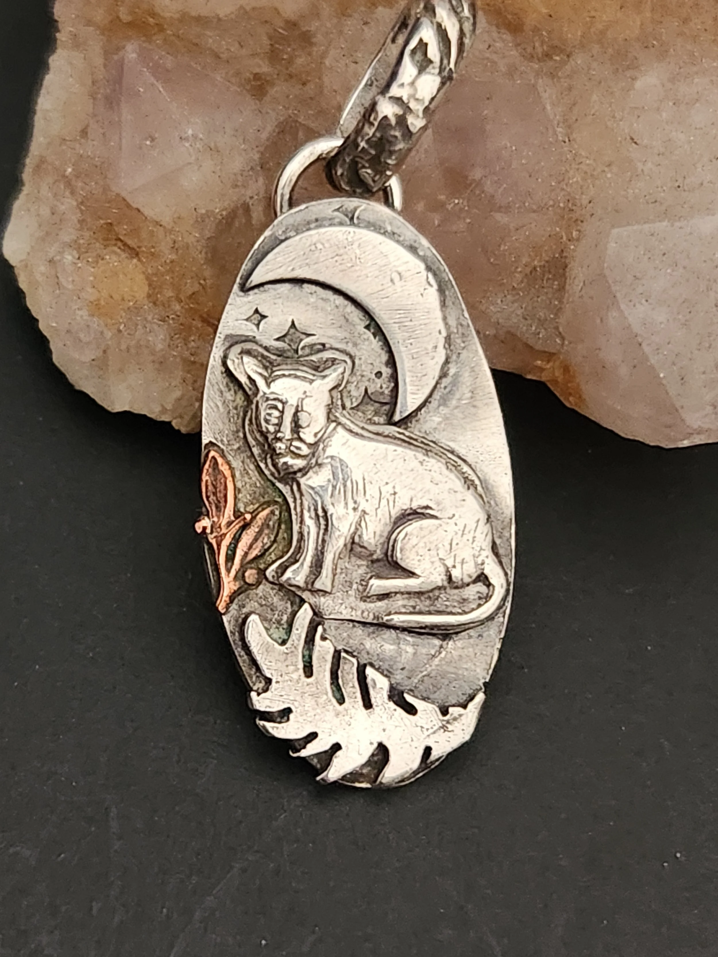 Jungle Cat Under the Moon Silver Pendant