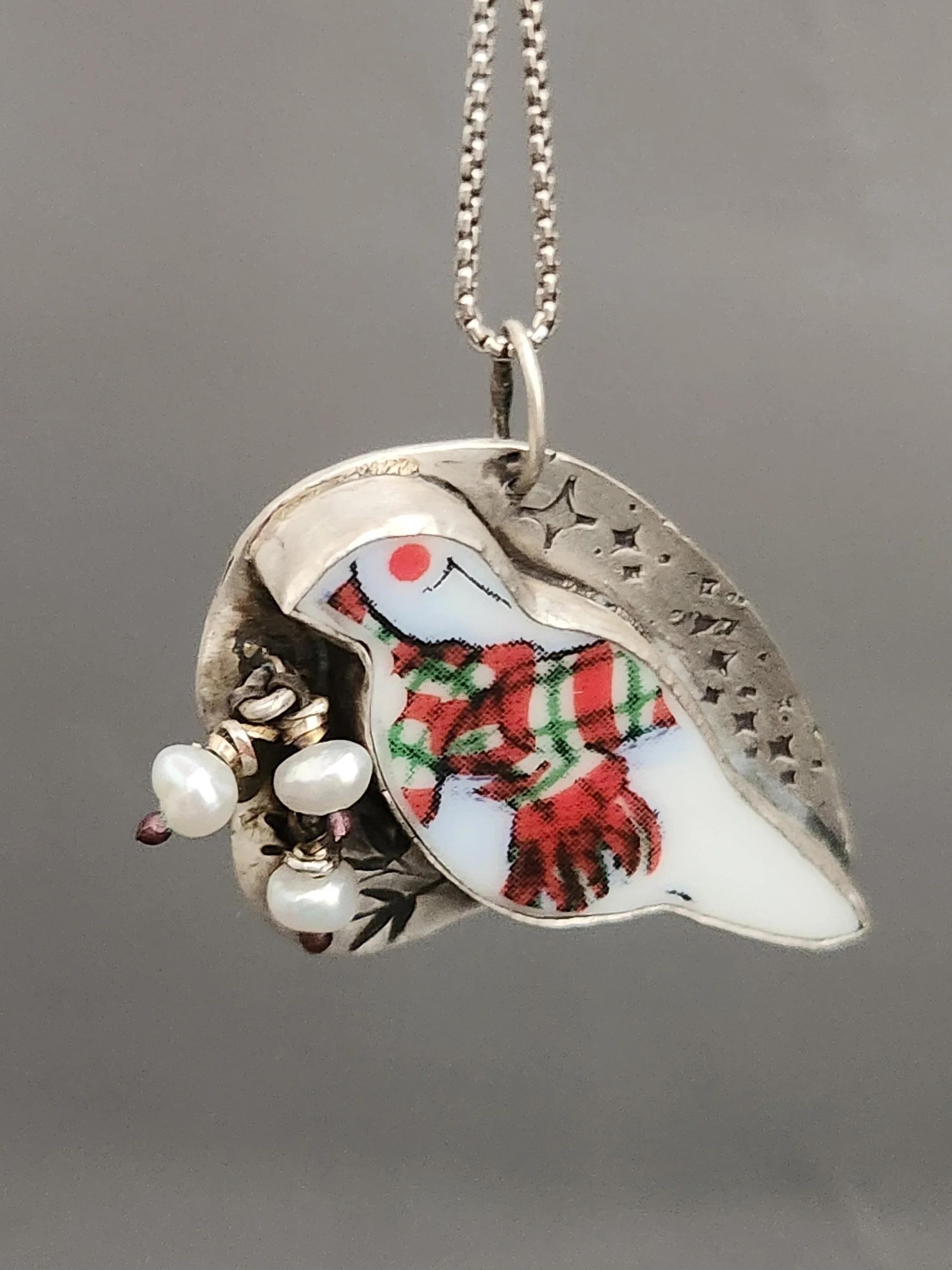 Winter bird in a Scarf Upcycled China in Silver with Pearls Pendant