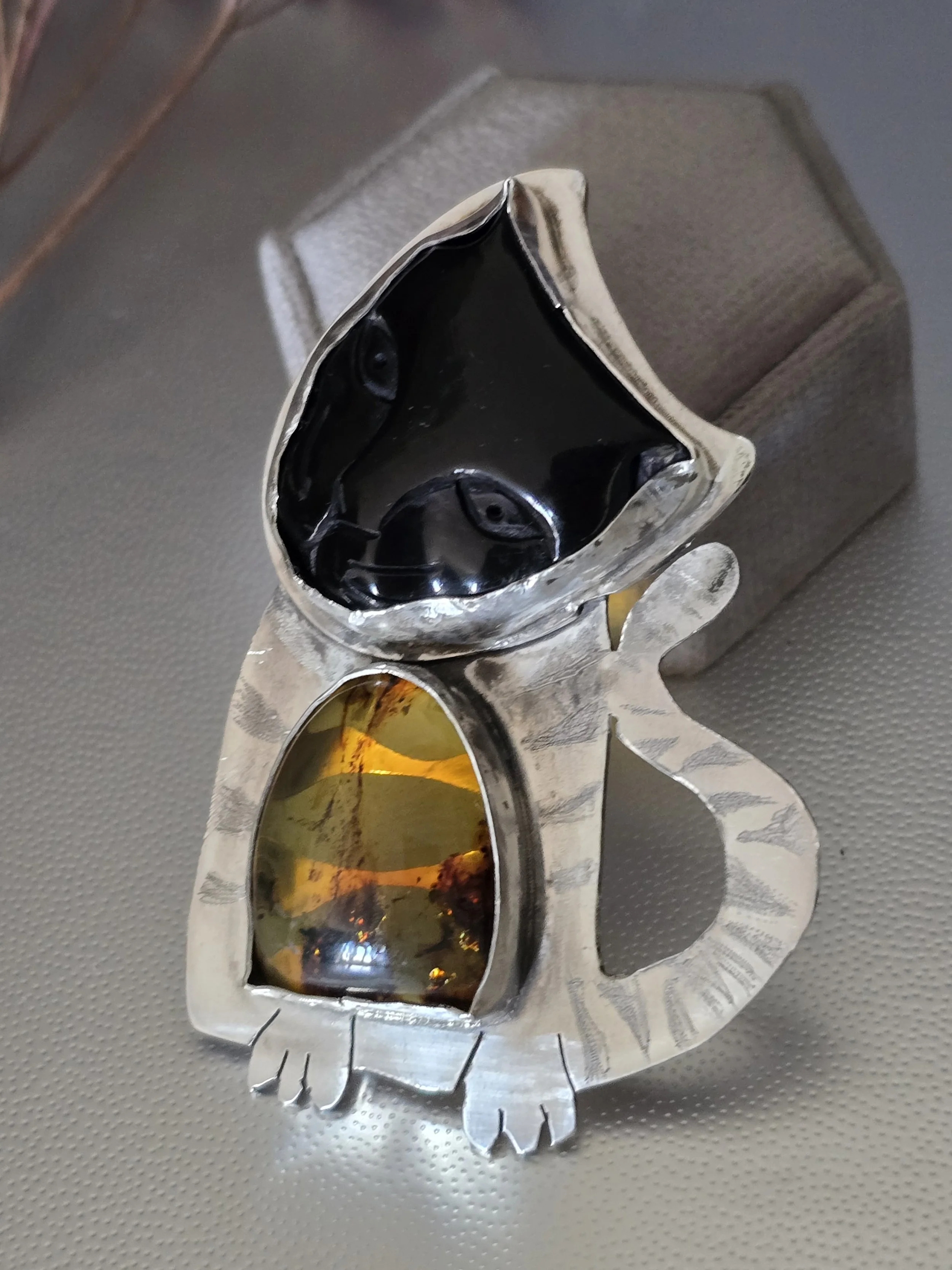 Huge Silver Cat Pendant Pin/Pendant with Amber