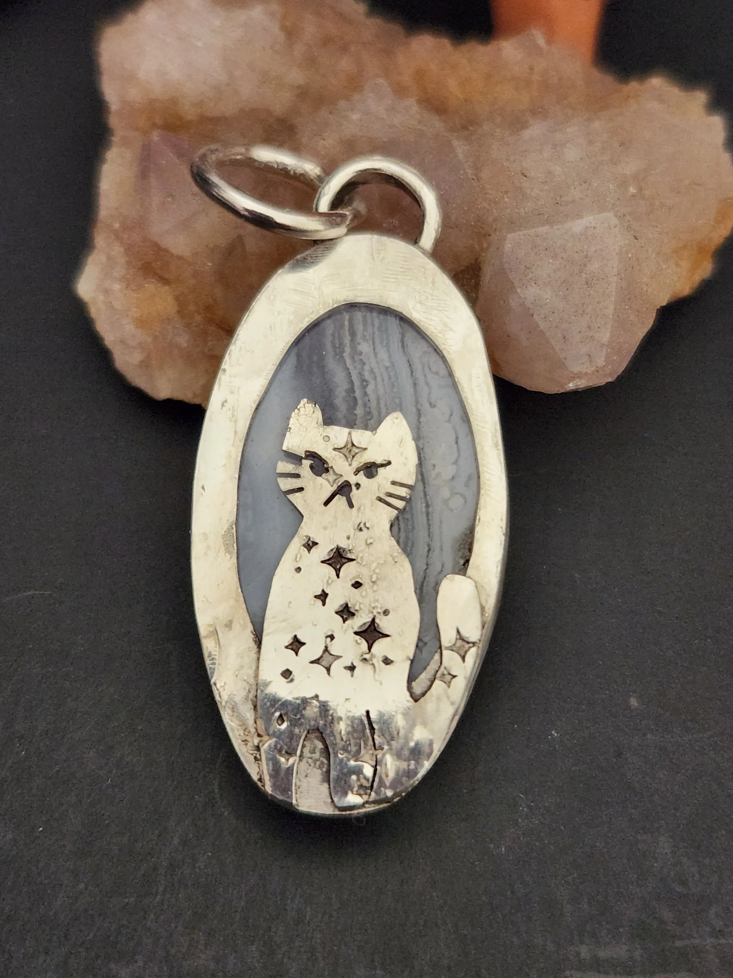 A Cat on a Cloud 2 Silver Agate Double Sided Pendant
