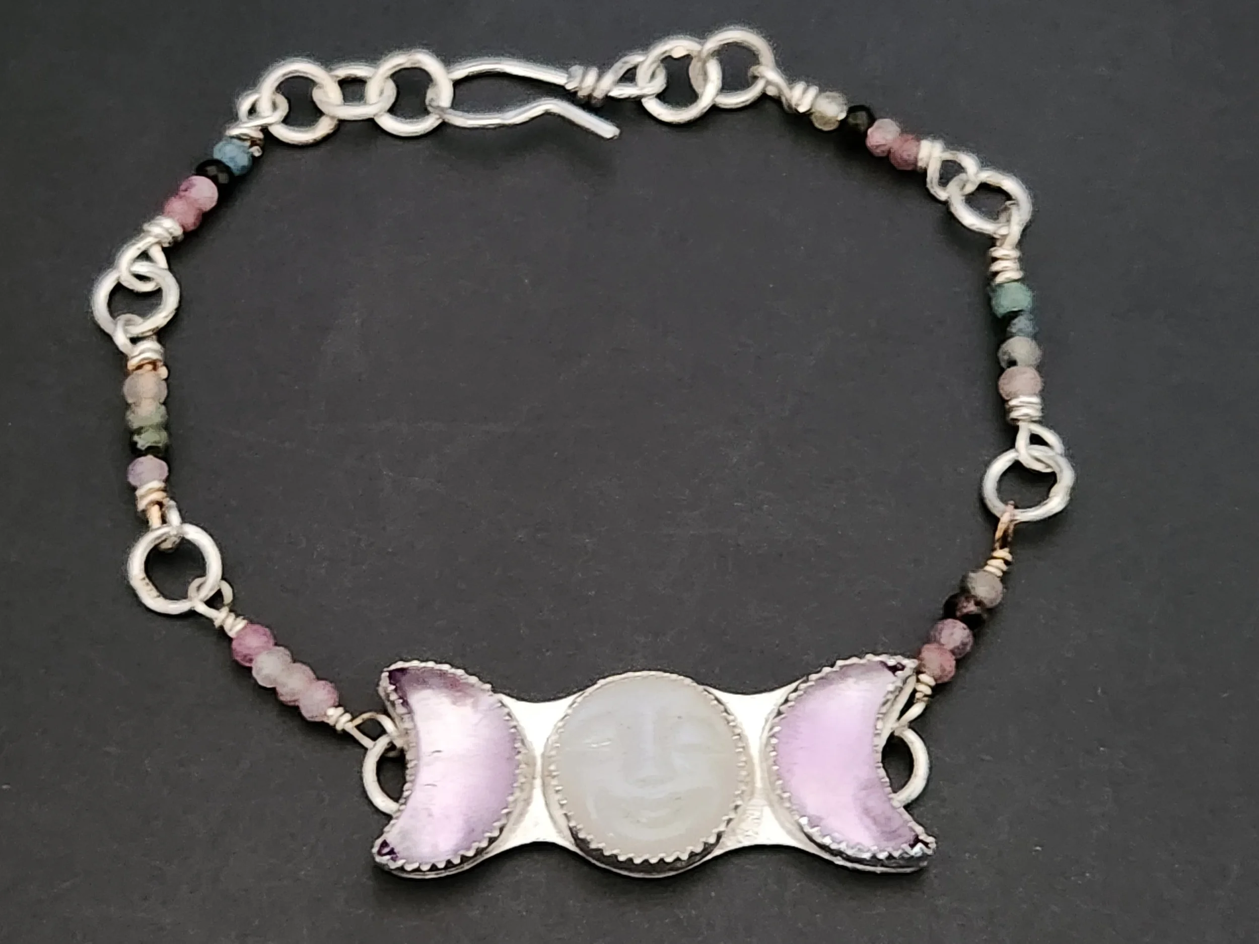 Moon Phases Artisan Silver Bracelet with Tourmaline Moonstone and Amethyst