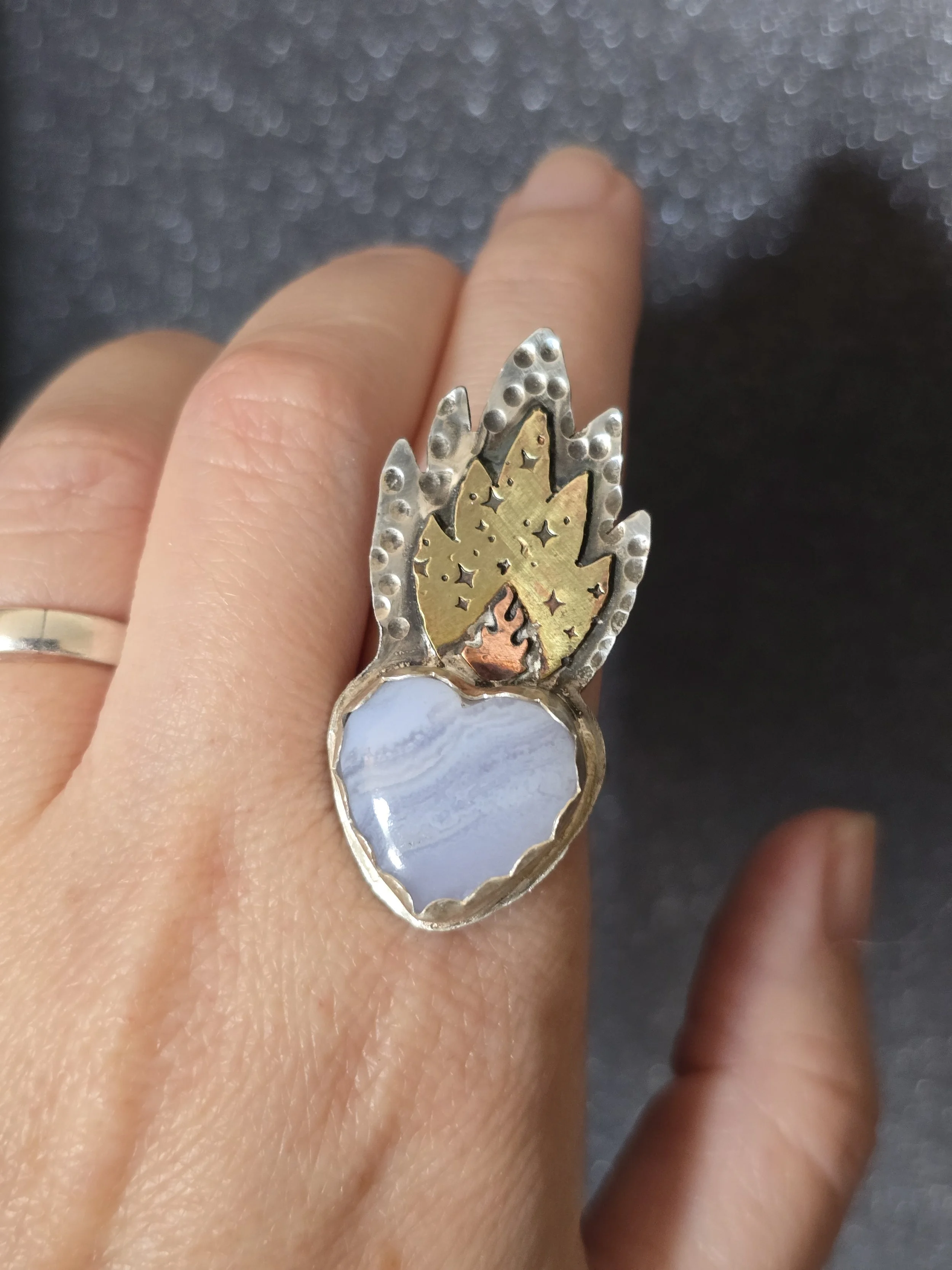Blue Lace Agate Sacred Heart Ring-Size 8