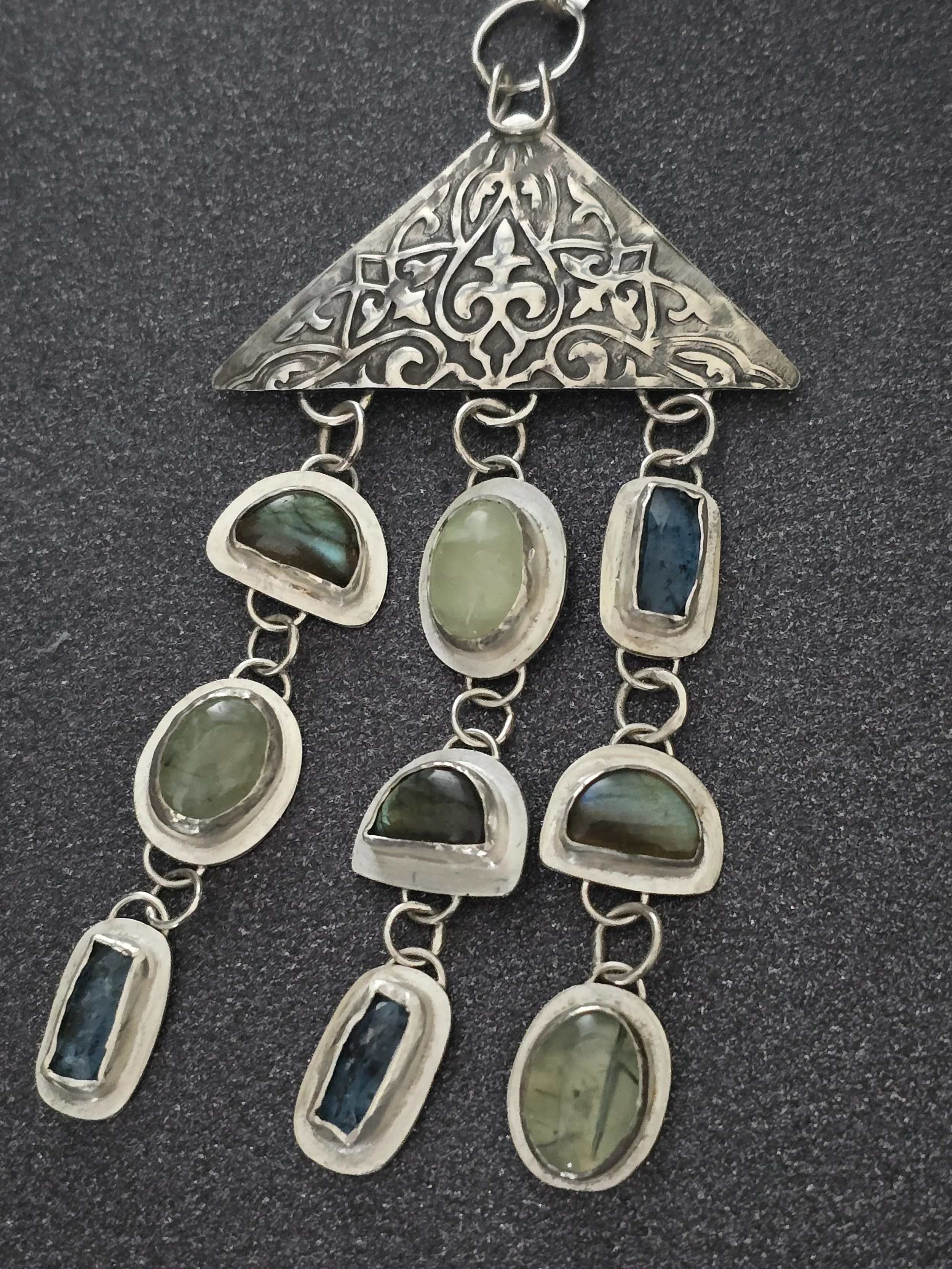 Tumar silver labradorite kyanite prehnite pendant