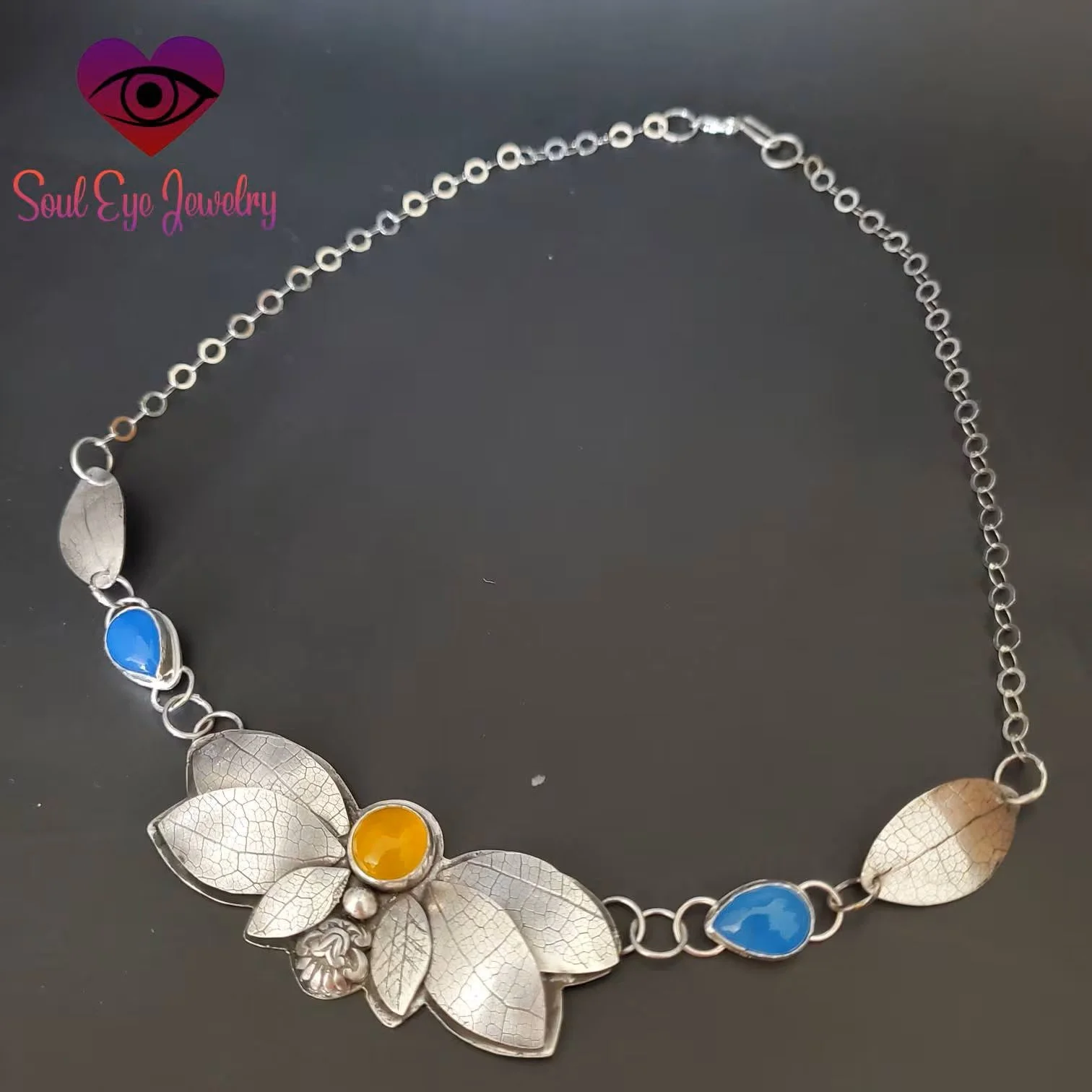 Leafy Statement Necklace with Yellow and Blue Chalcedony 4.jpg