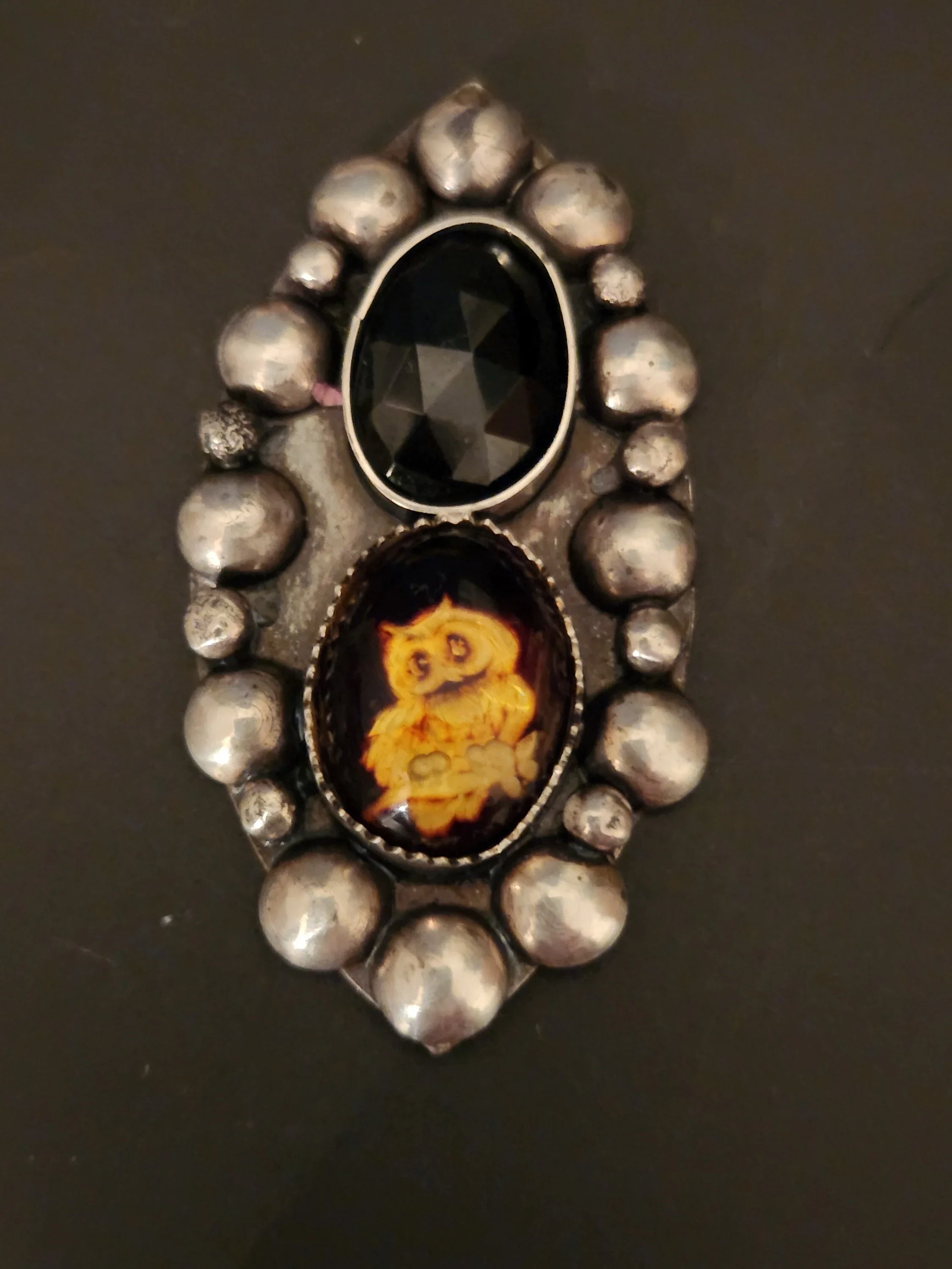 Carved Amber Owl and Spinel Ring-Made to Size