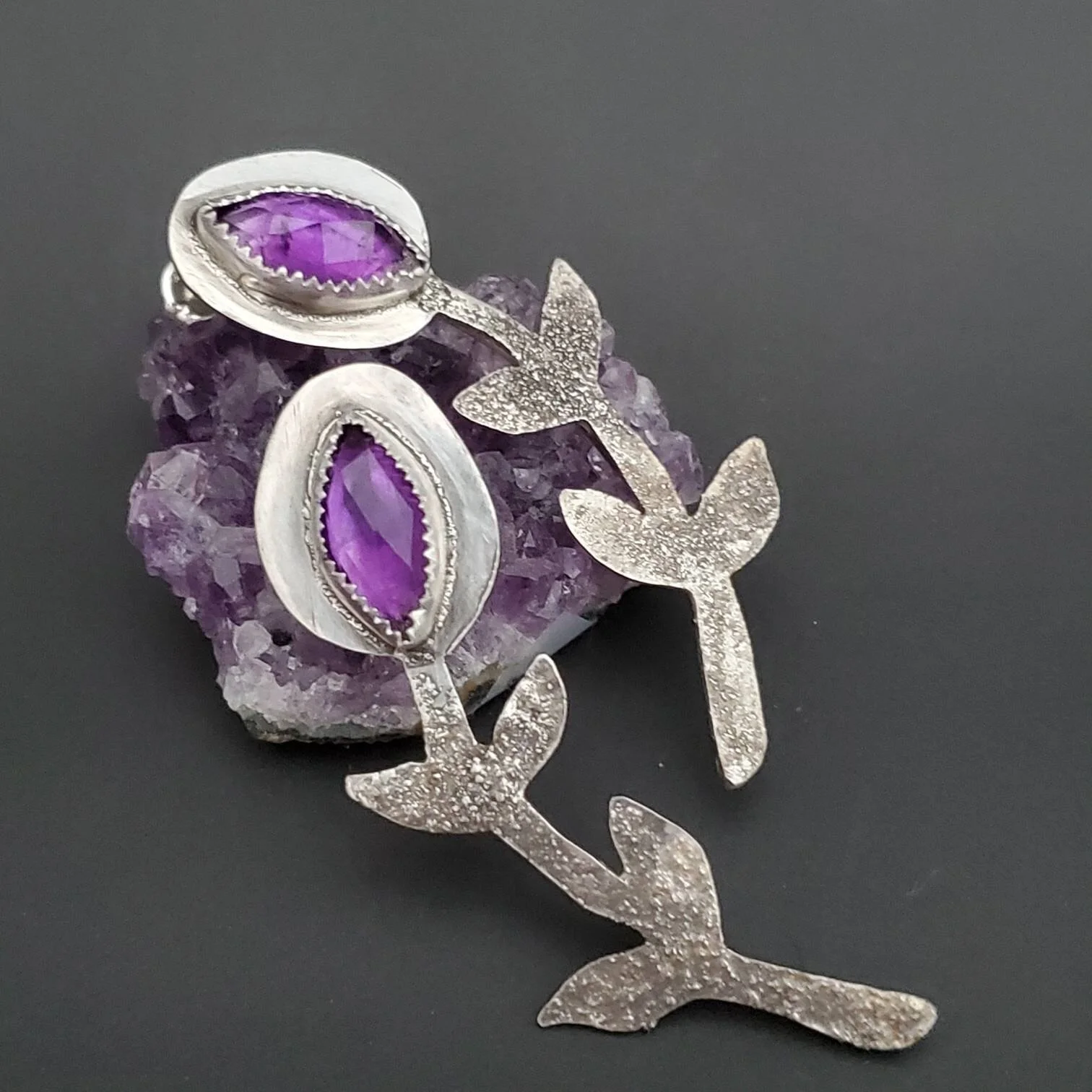 Handcrafted Sterling Silver Amethyst Leaf Stud Earrings