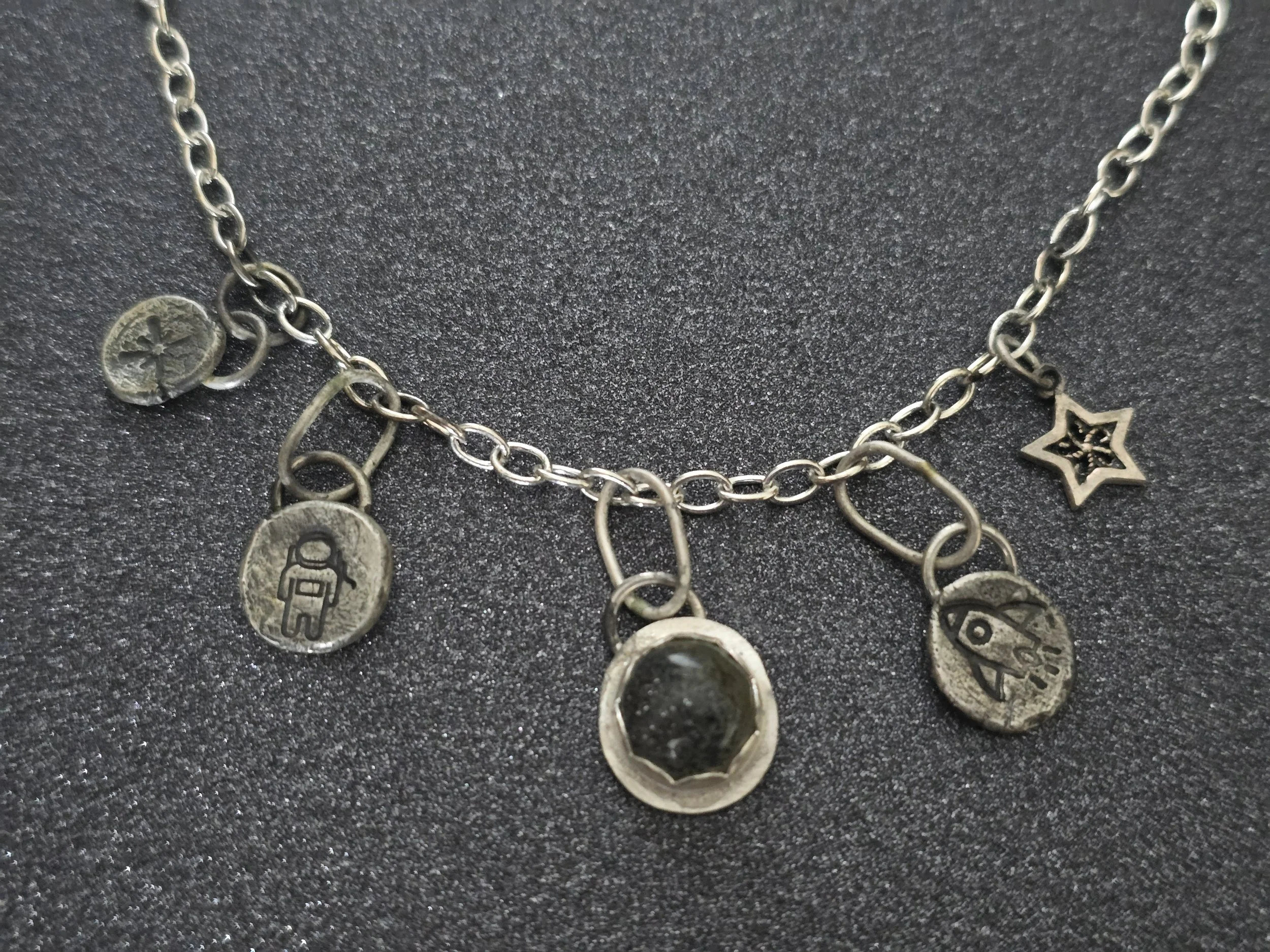 Five Space Charms Necklace Silver and Galaxy Quartz