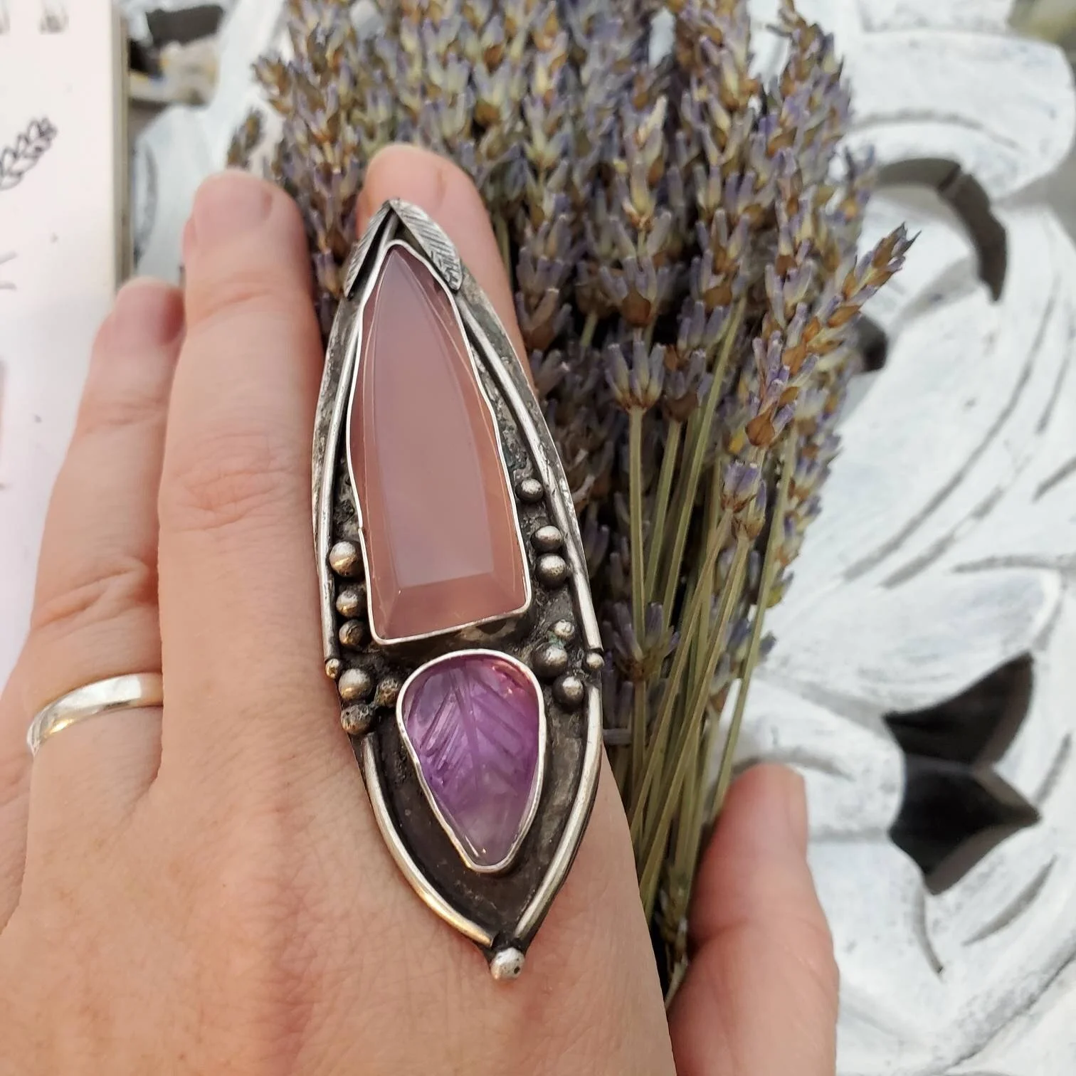 Lavender Chalcedony and Amethyst Leaf Ring in Silver-Made to Size