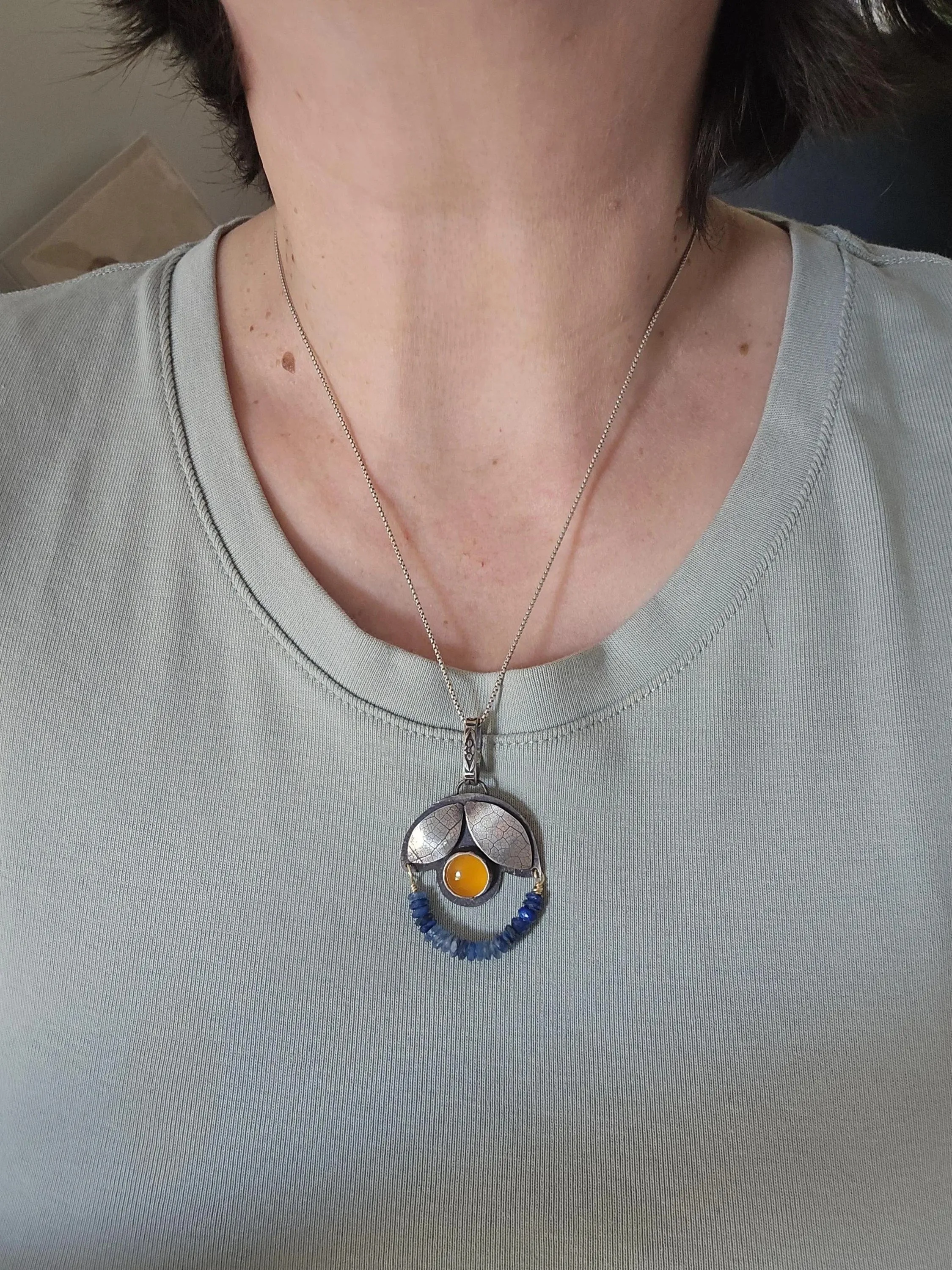 Yellow Chalcedony blue kyanite leafy pendant 4.jpg