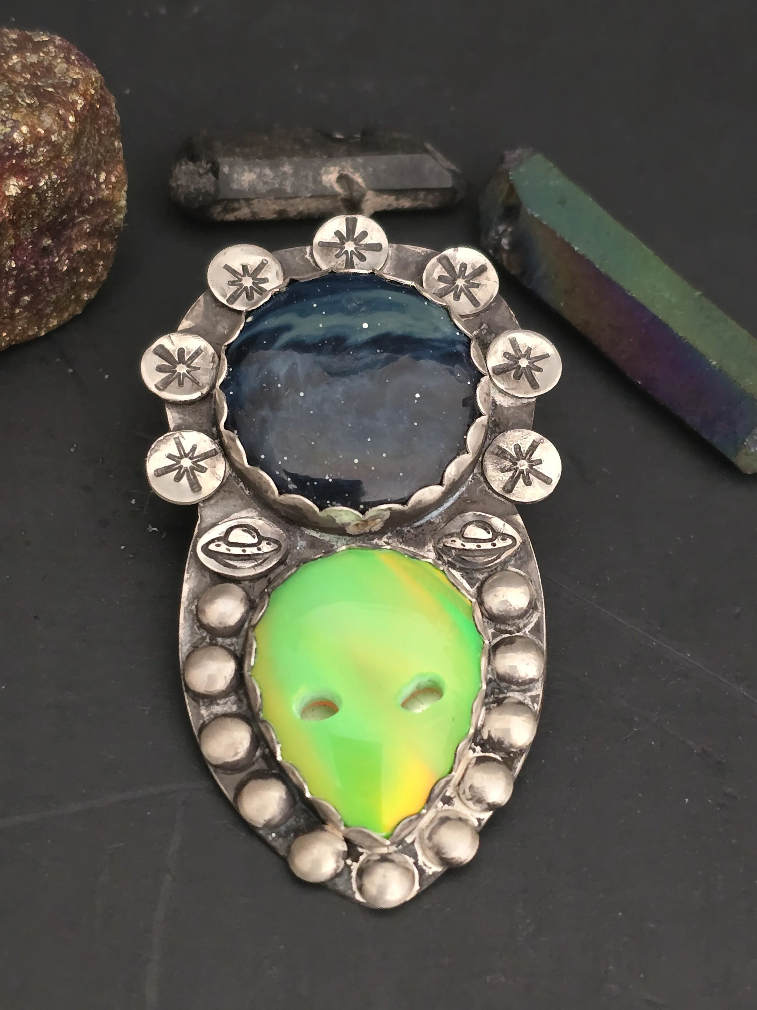 Alien in Space Brooch, Pin, Pendant Artisan Silver Jewellery