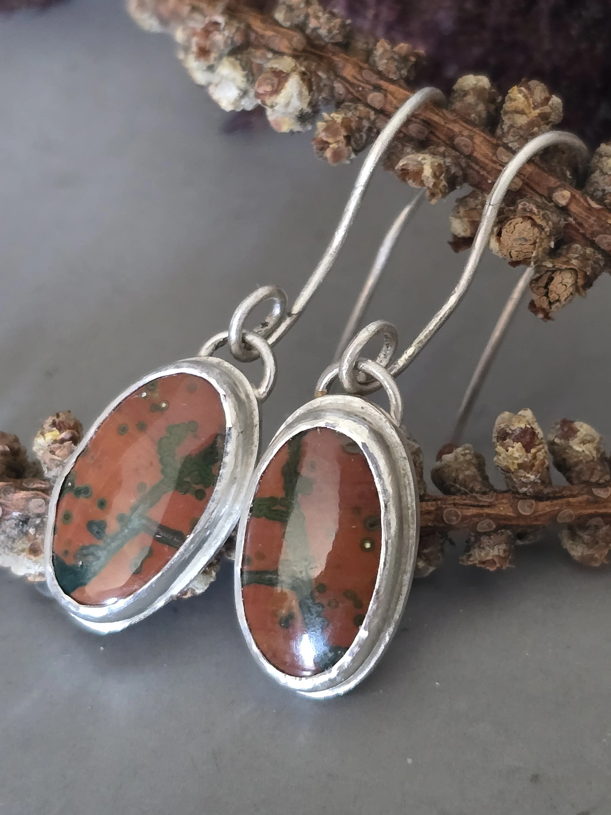 Ocean Jasper Silver Earrings Oval Shape