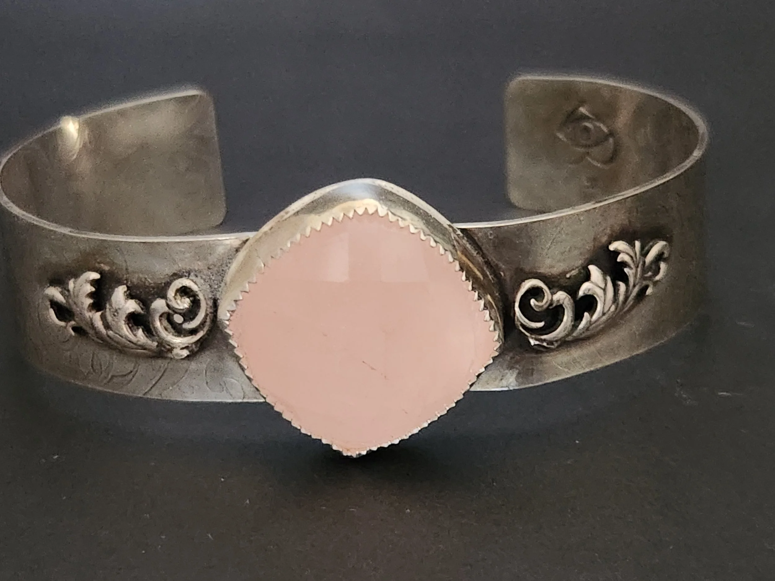 Silver Cuff Bracelet with Faceted Rose Quartz and Silver Swirls-Size 7.5