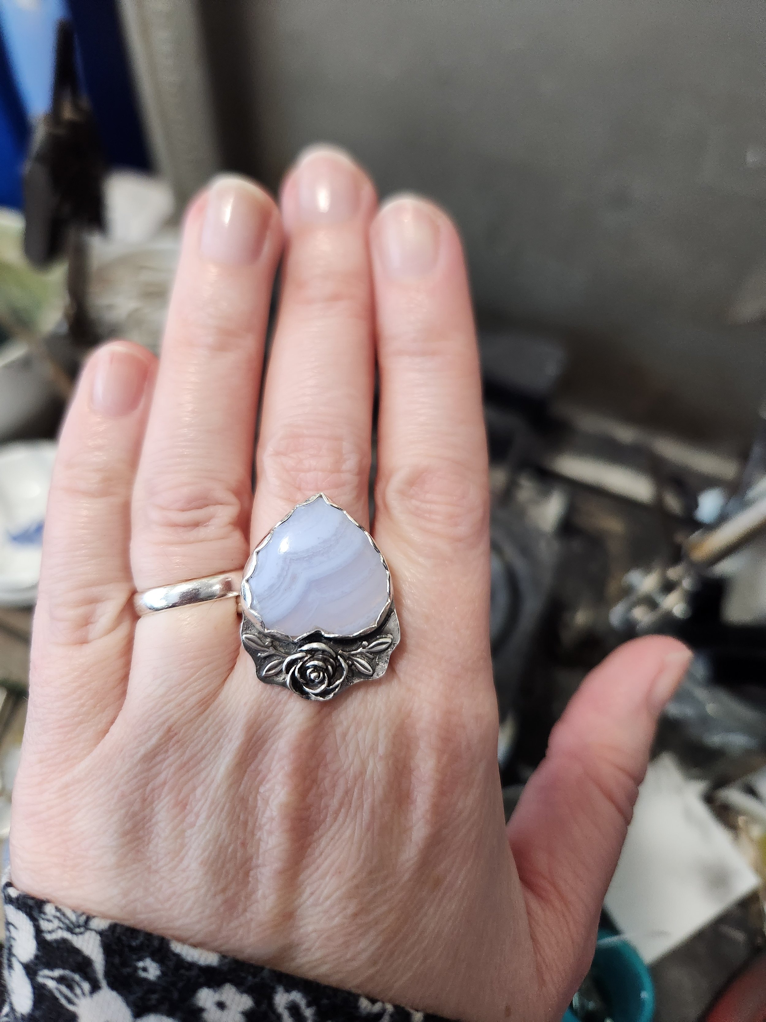 Blue Lace Agate Rose Ring
