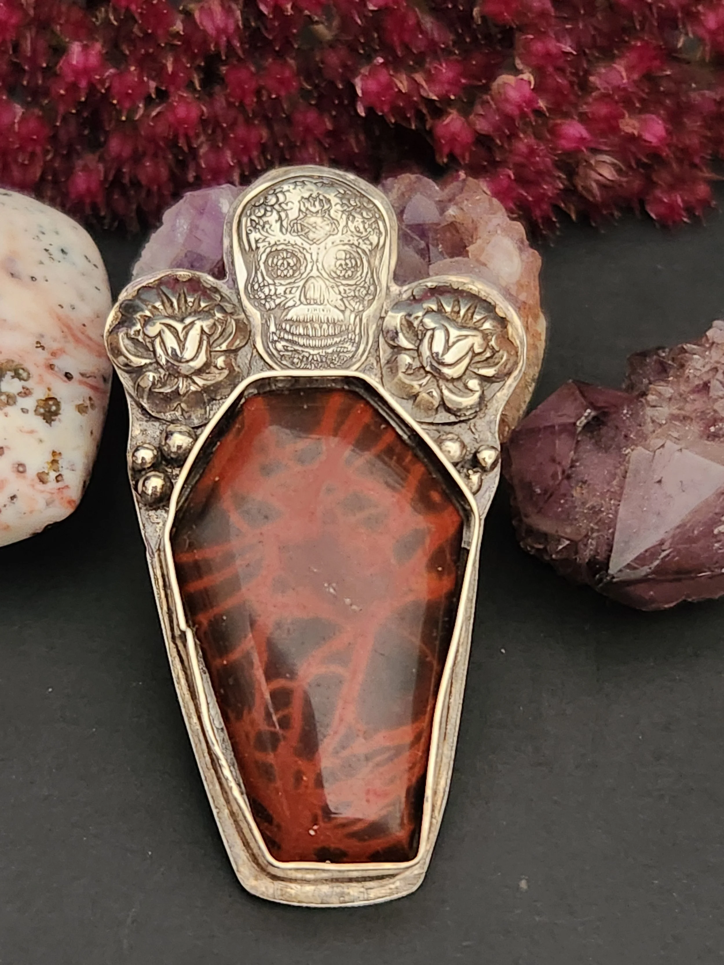 Sugar Skull Coffin Silver Pin with Spiderwoman Jasper