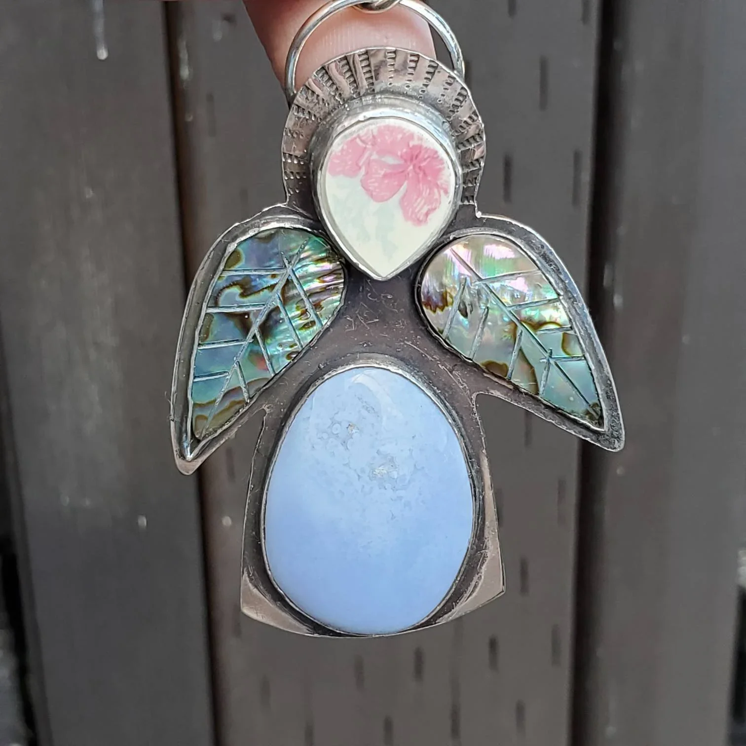 Angel 4, Blue Lace Agate, China and Abalone Silver Artisan Pendant