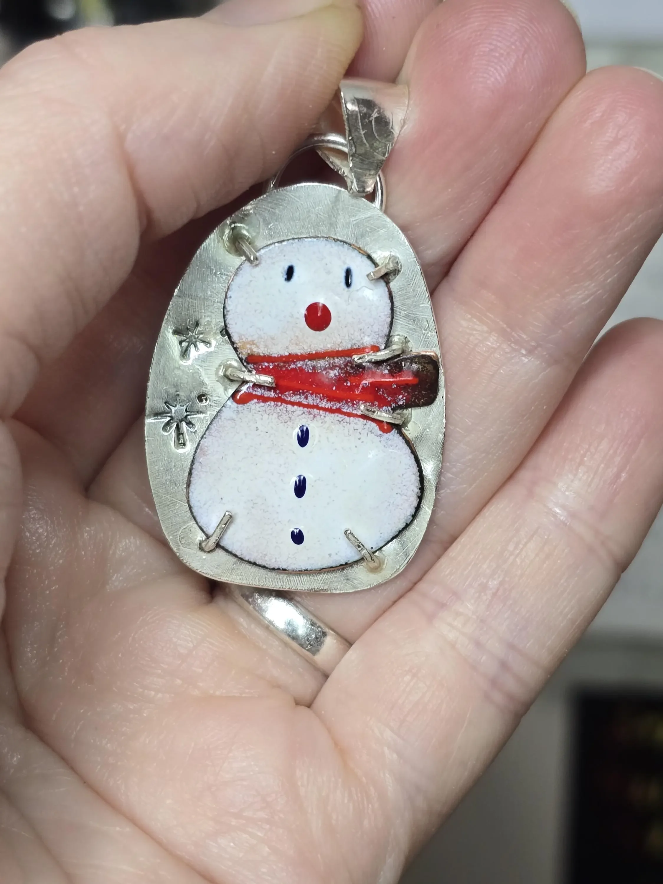 Artisan Enameled Snowman Pendant in Silver