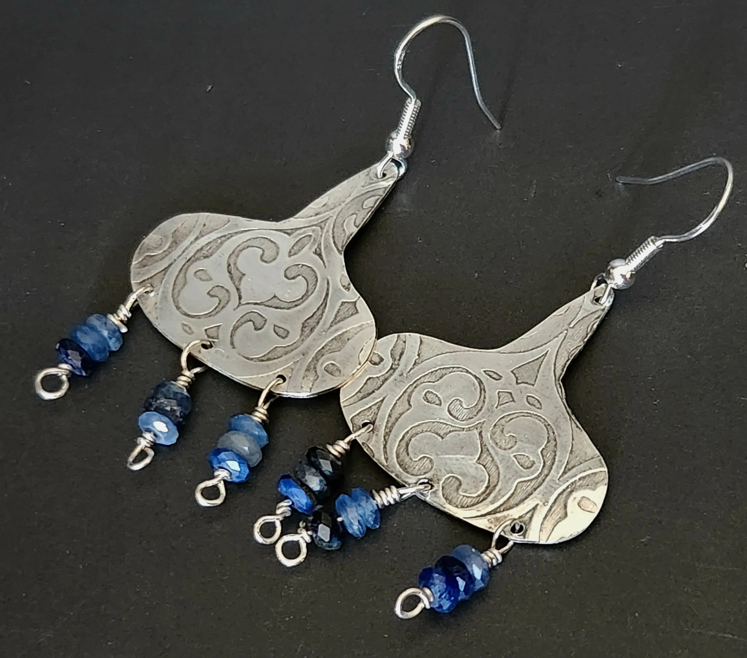 Kazakh Pattern Silver Kyanite Earrings
