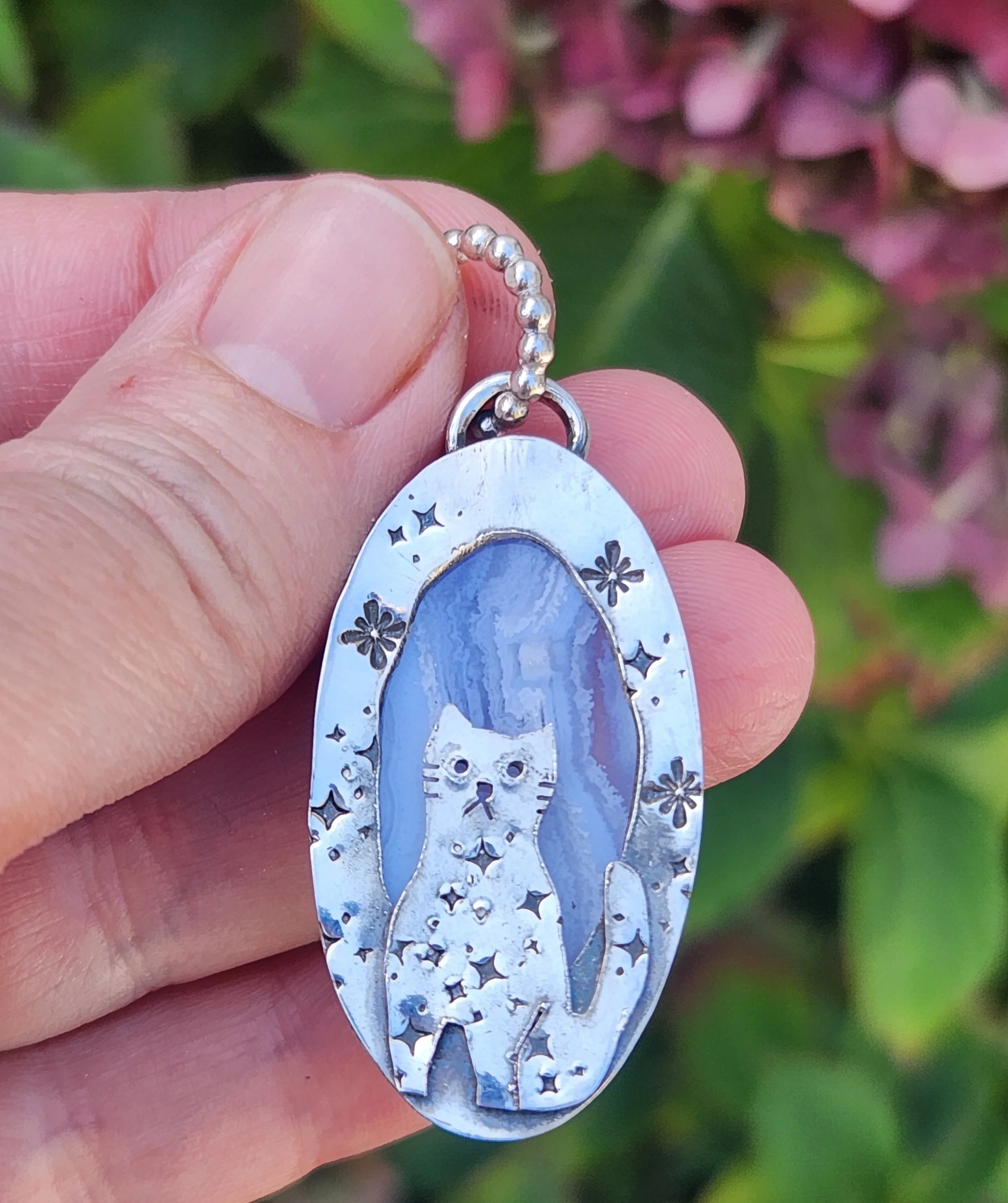 A Cat on a Cloud 1 Silver Agate Double Sided Pendant