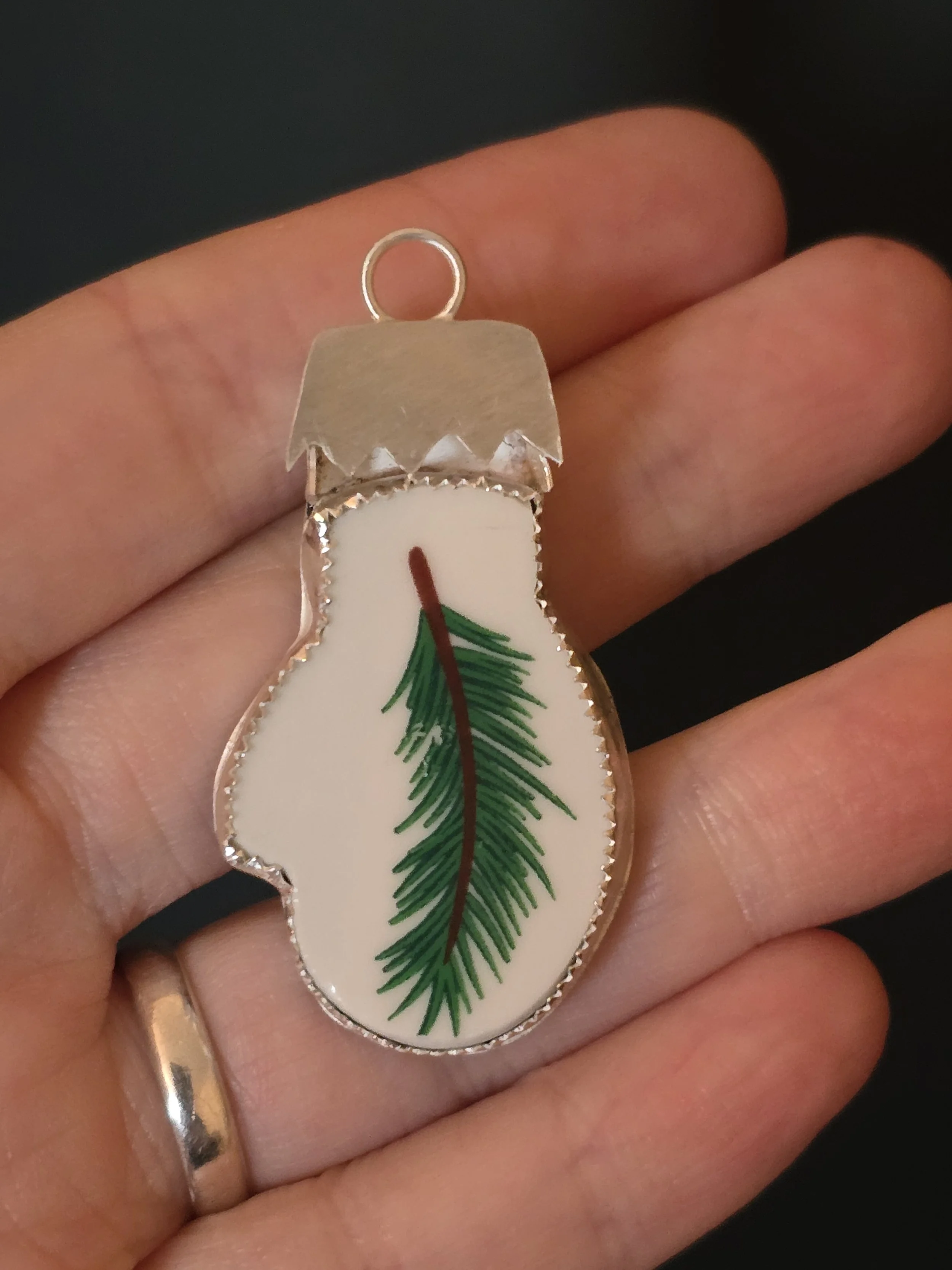 Christmas Tree mitten Ornament Upcycled China in Silver Artisan Brooch Pendant