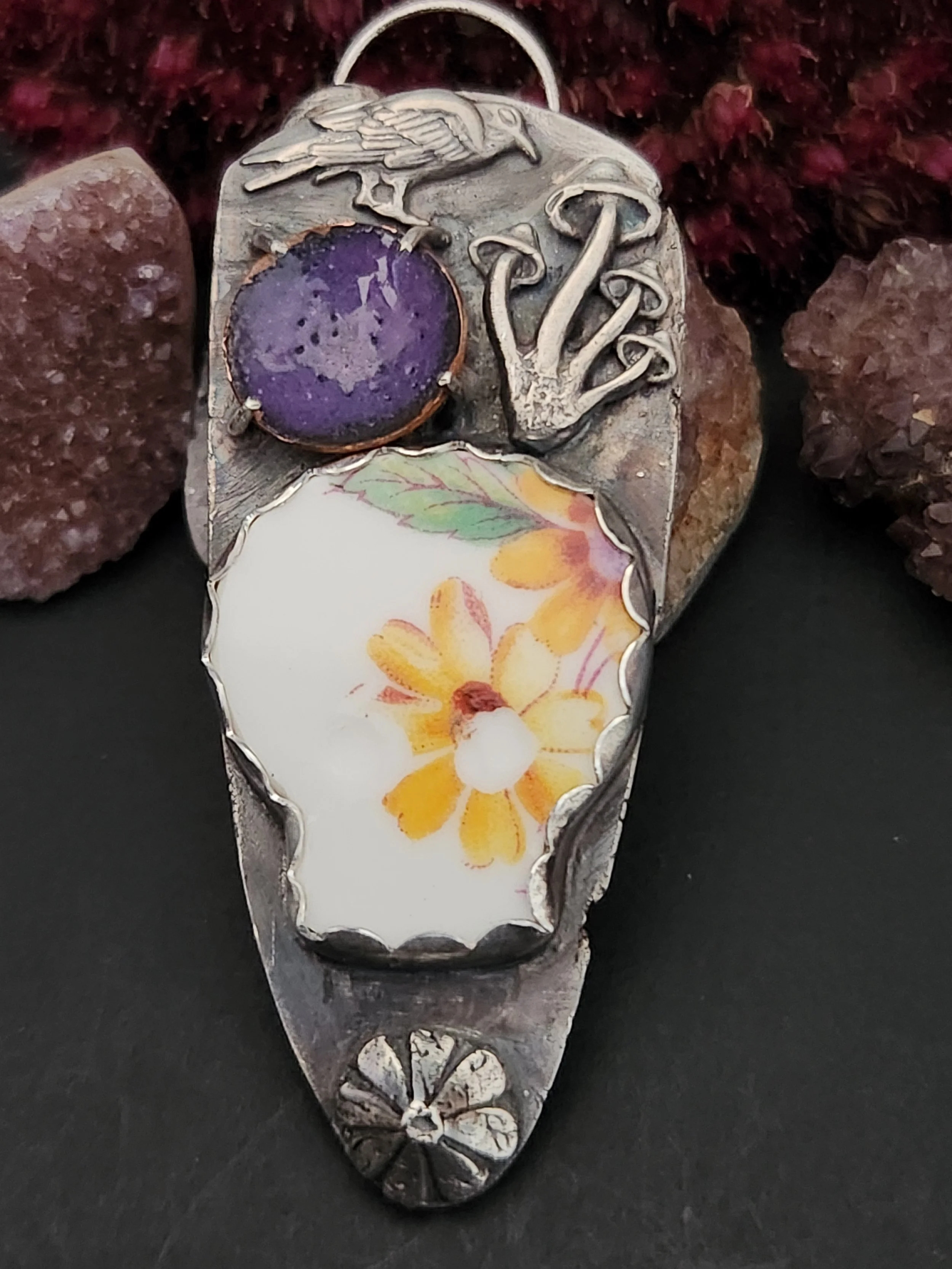 Memento Mori Silver Upcycled China Pendant Skull Mushroom