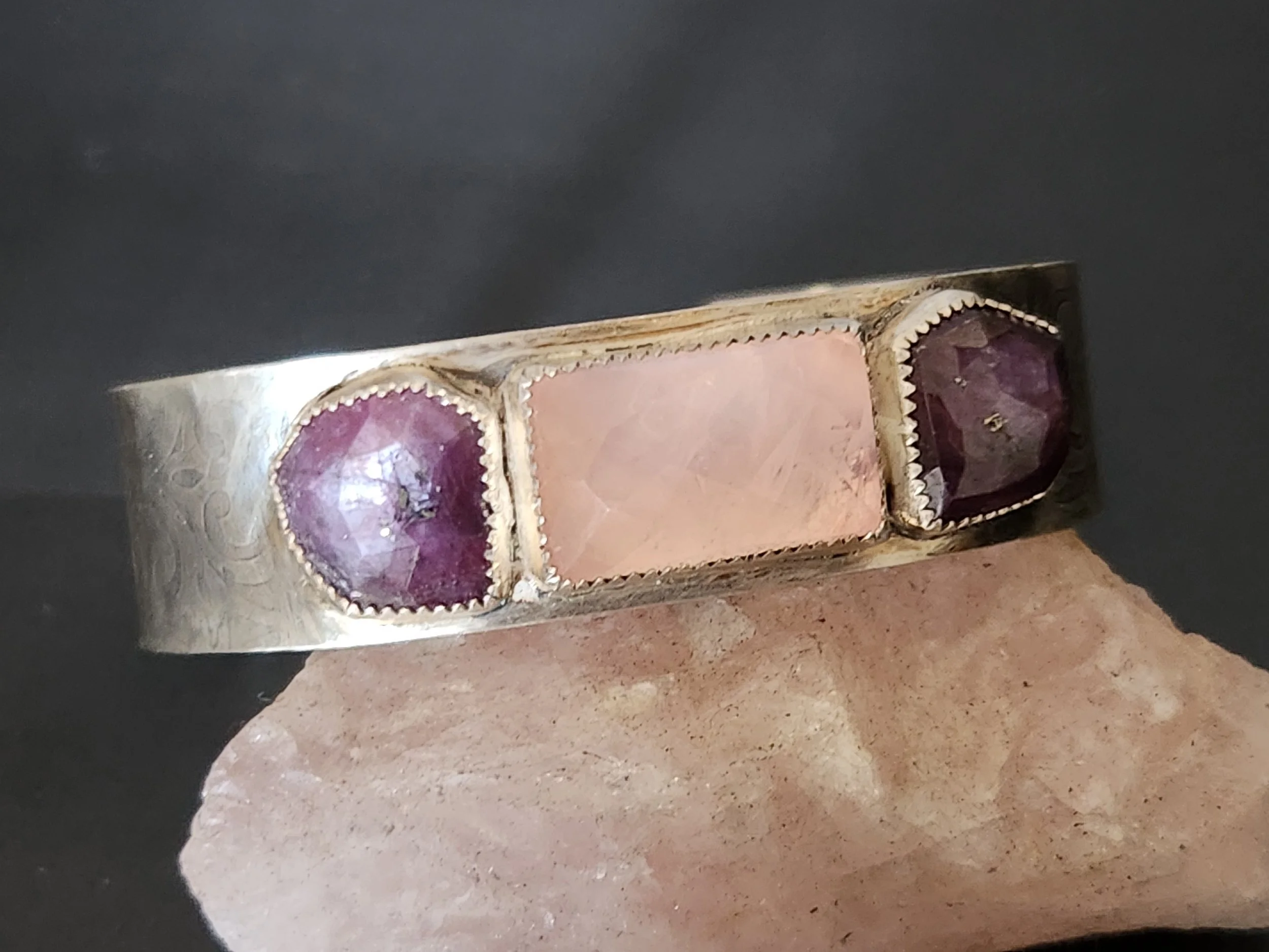 Silver Cuff Bracelet with Rose Quartz and Sapphires-Size 7