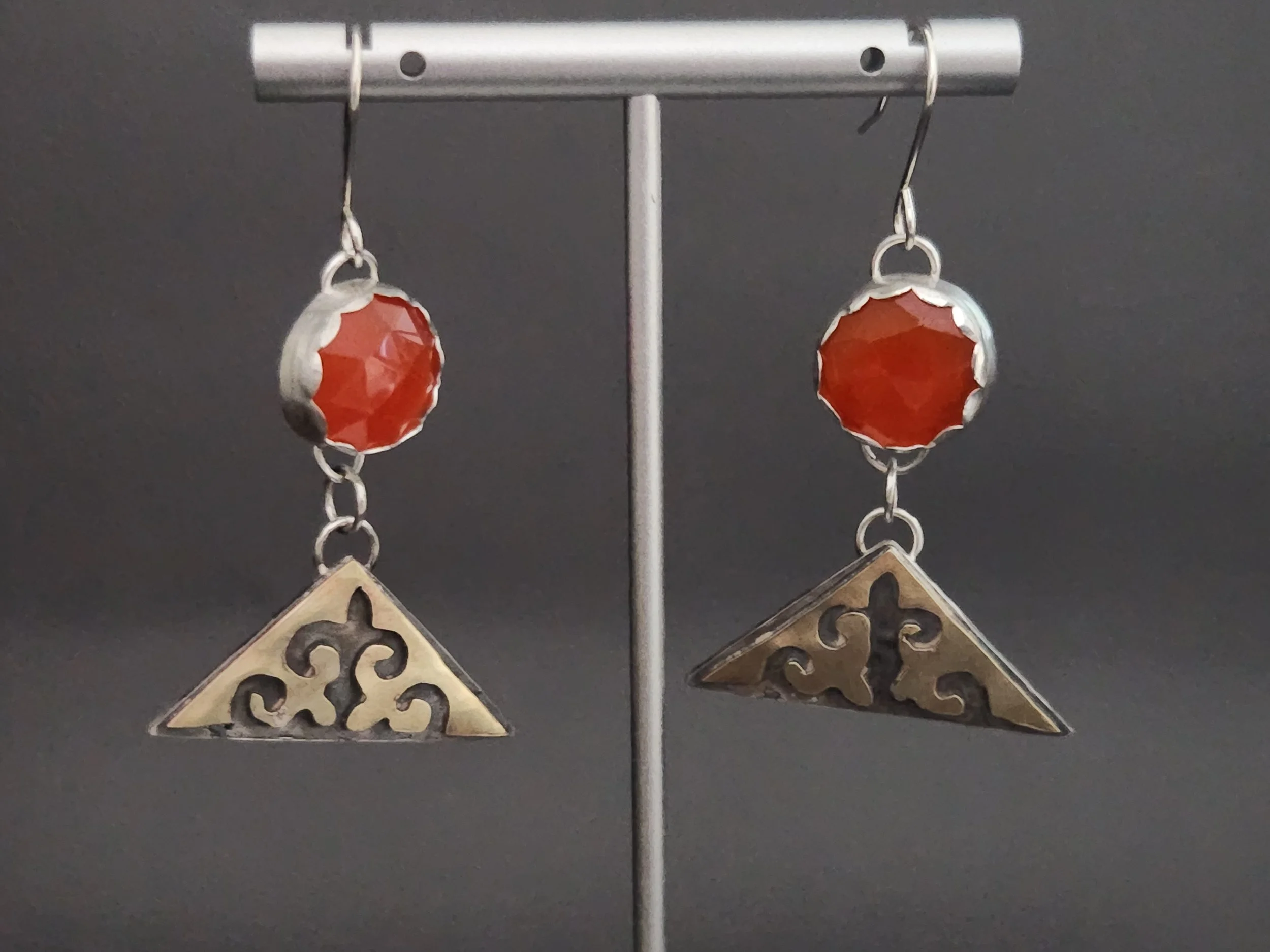 Custom made earrings with carnelian and traditional Kazakh ornament