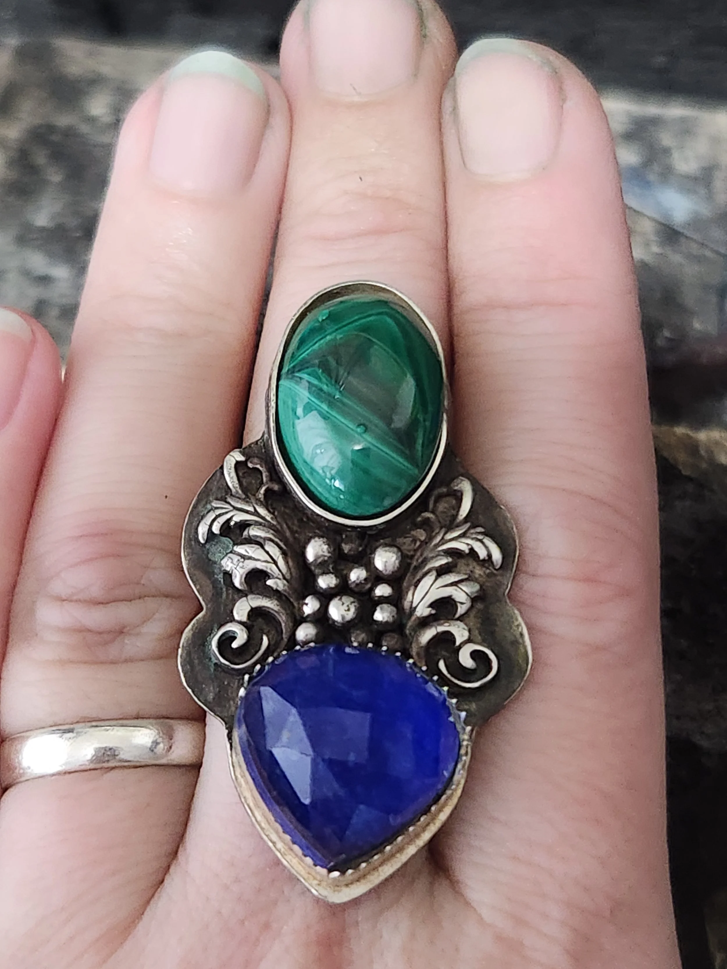 malachite lapis lazuli doublet silver ring with swirls 1.jpg