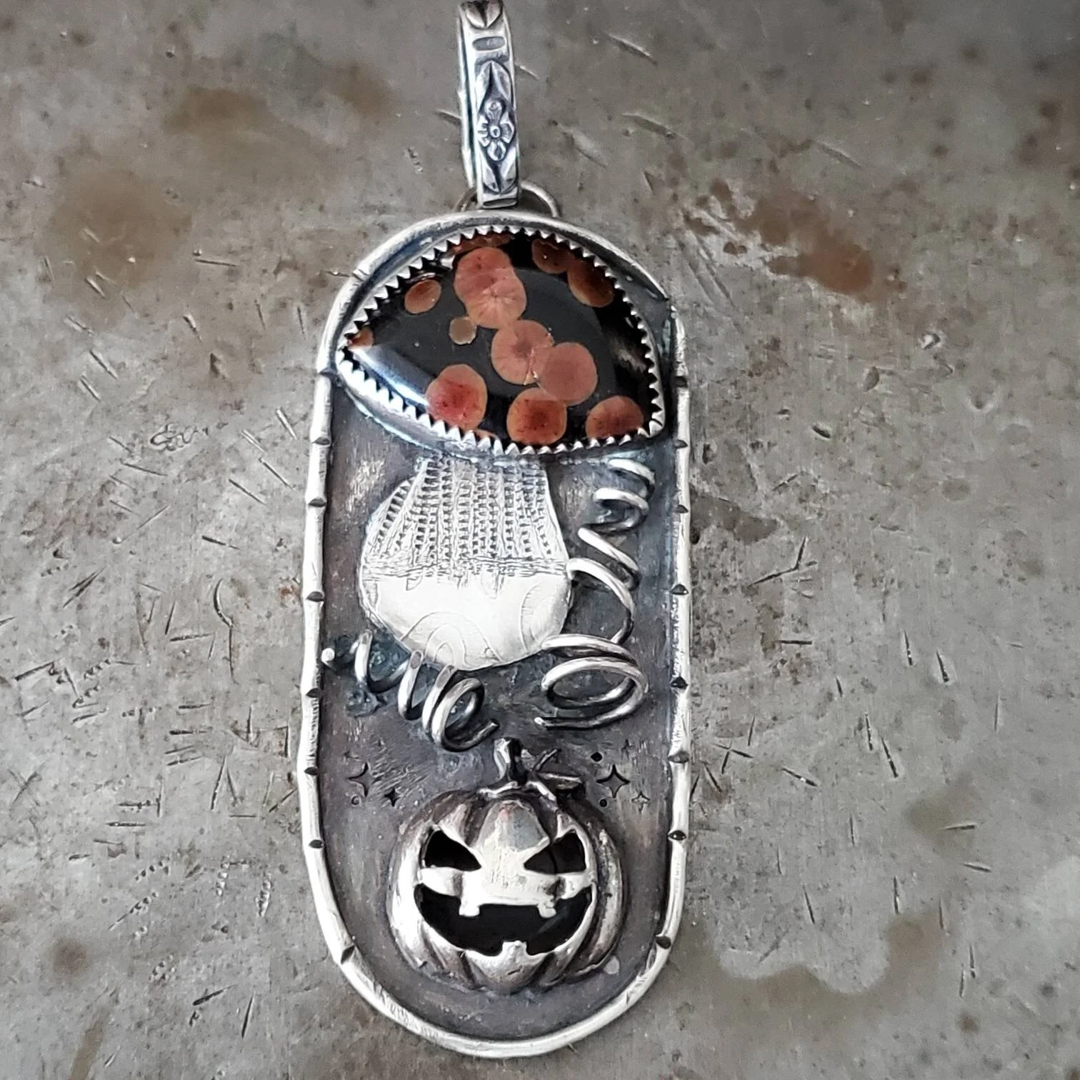 Peanut Obsidian Mushroom and Pumpkin Pendant Fall Jewelry