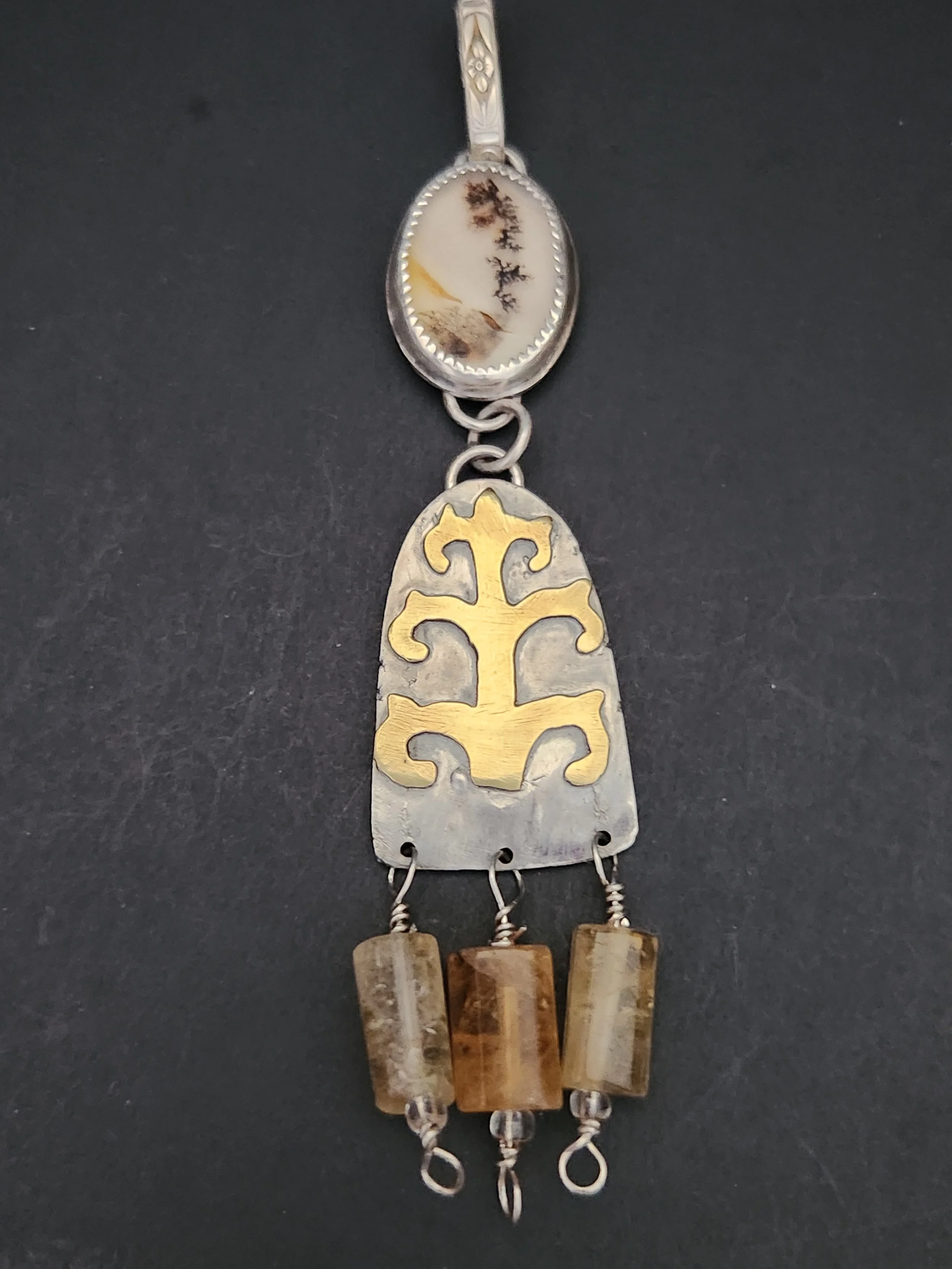 Tree of Life Silver Brass Pendant with Dendric Agate and Citrine