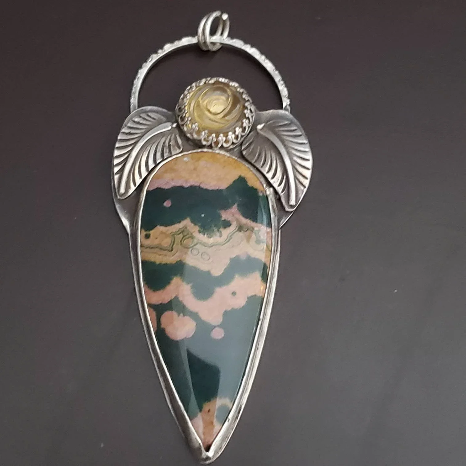 Ocean Jasper Sterling Silver Pendant with Citrine Rose