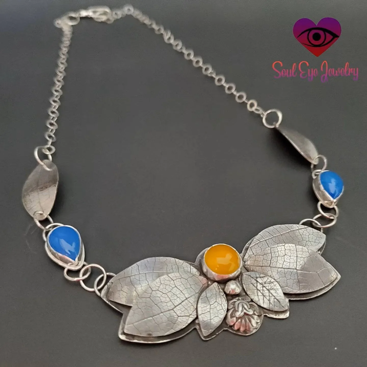 Leafy Statement Necklace with Yellow and Blue Chalcedony