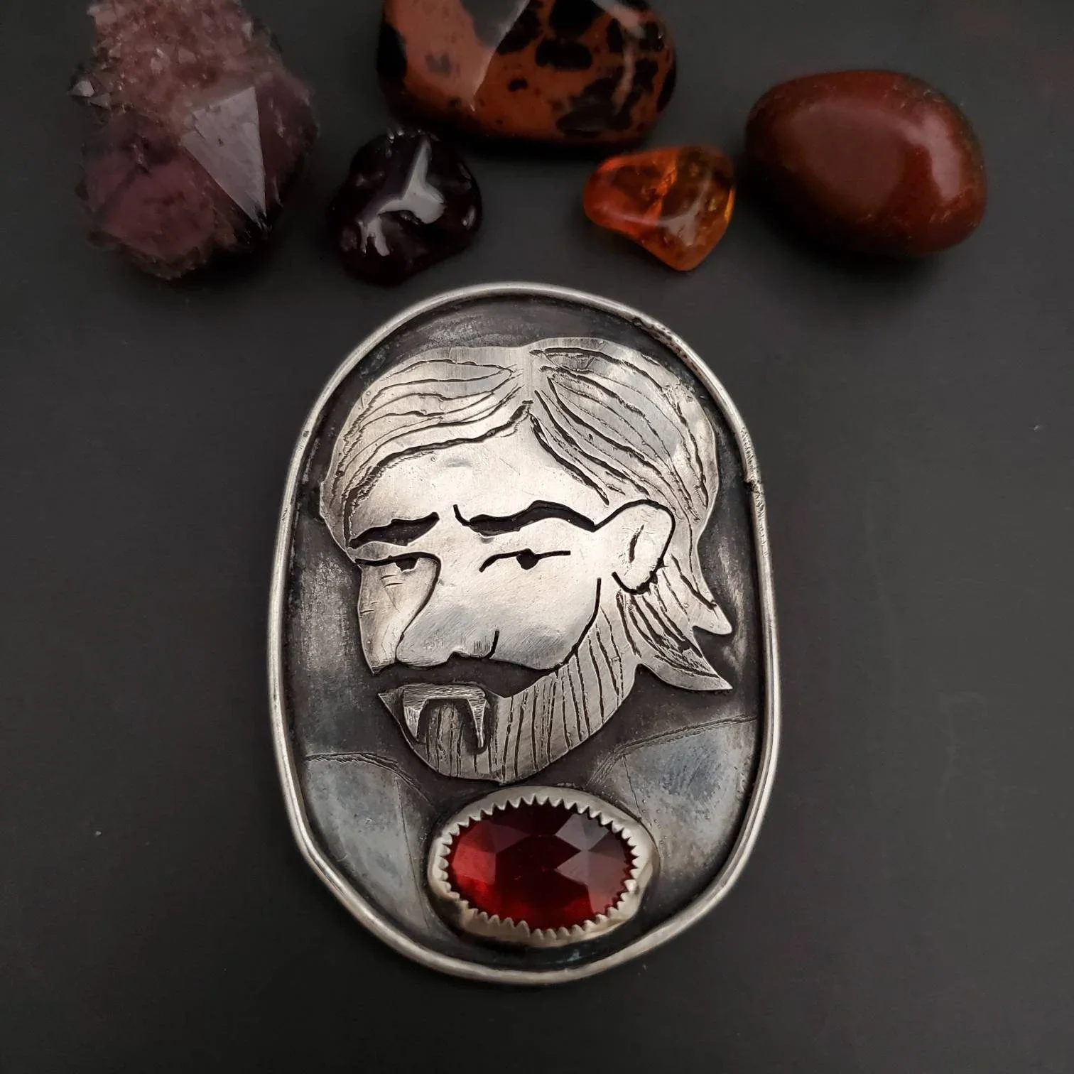 Laszlo's Portrait in Silver with Garnet Statement Pendant