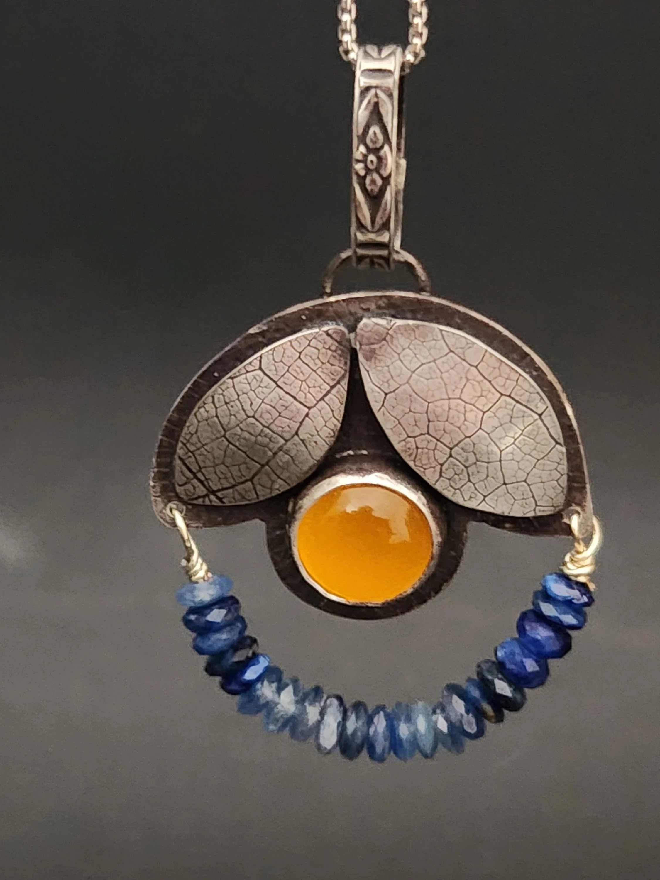Yellow Chalcedony blue kyanite leafy pendant 1.jpg