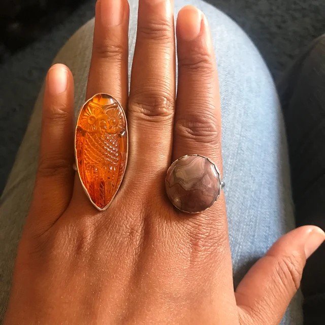 A Baltic Amber Ring and Crazy Lace Agate Ring