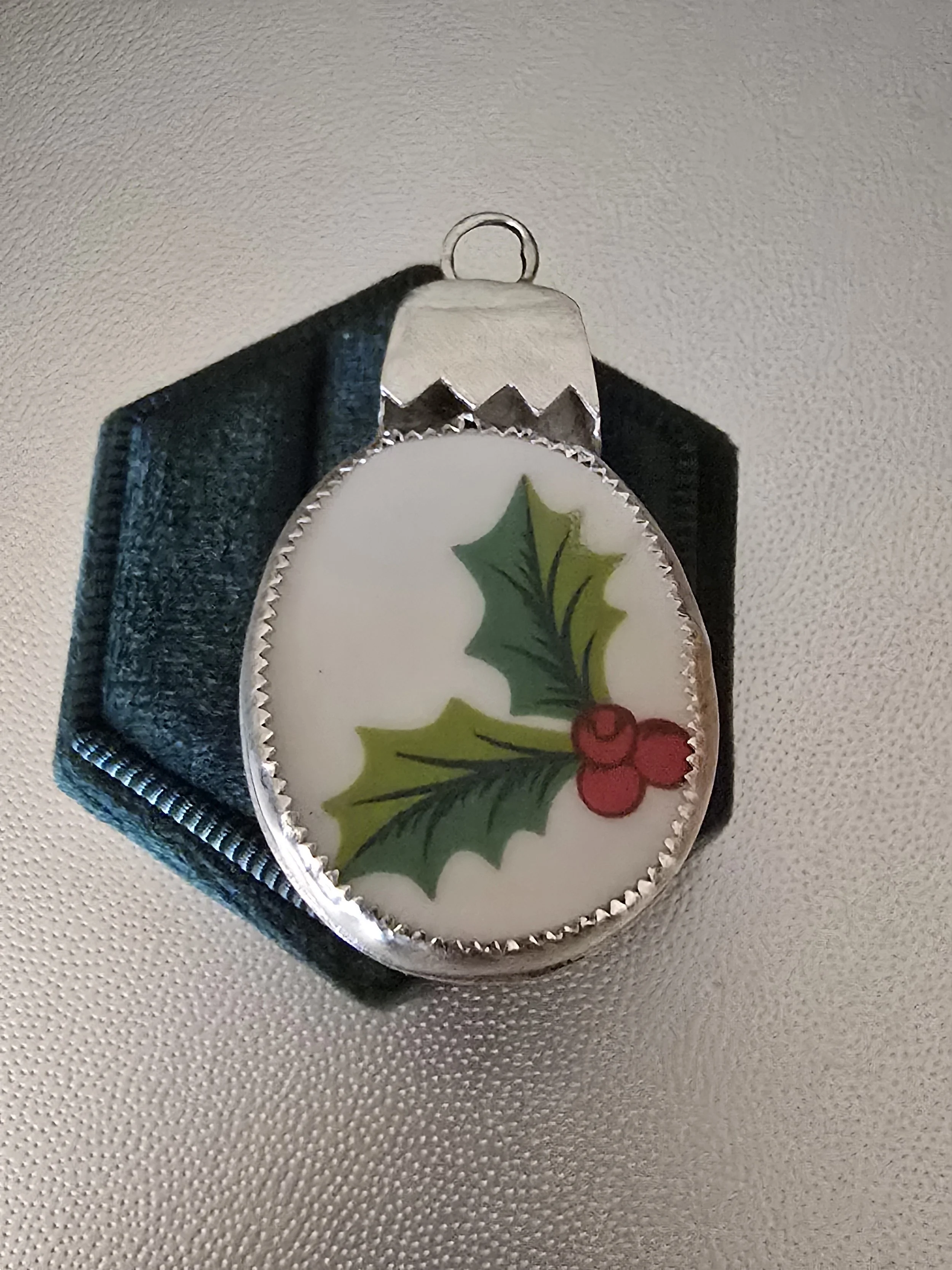 Christmas Tree Ornament Holly Silver China Brooch Artisan Made