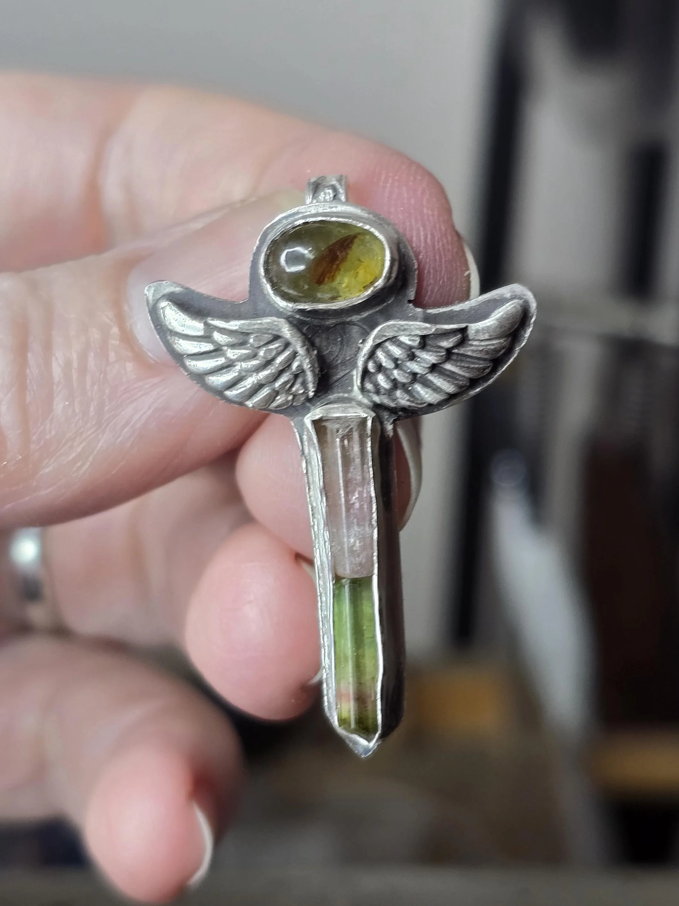 Strong and Free Sword Tourmaline Silver Winged Artisan Pendant 2