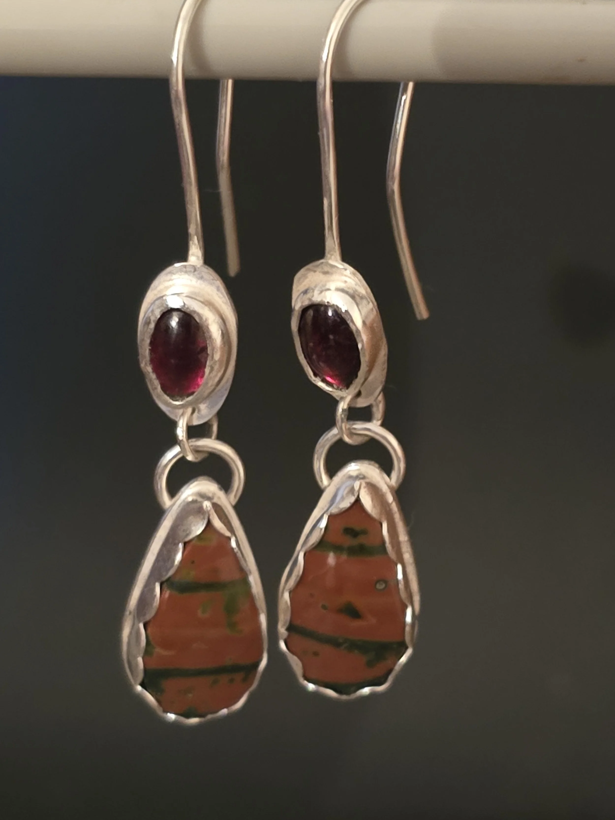 Ocean Jasper and Garnet Silver Earrings