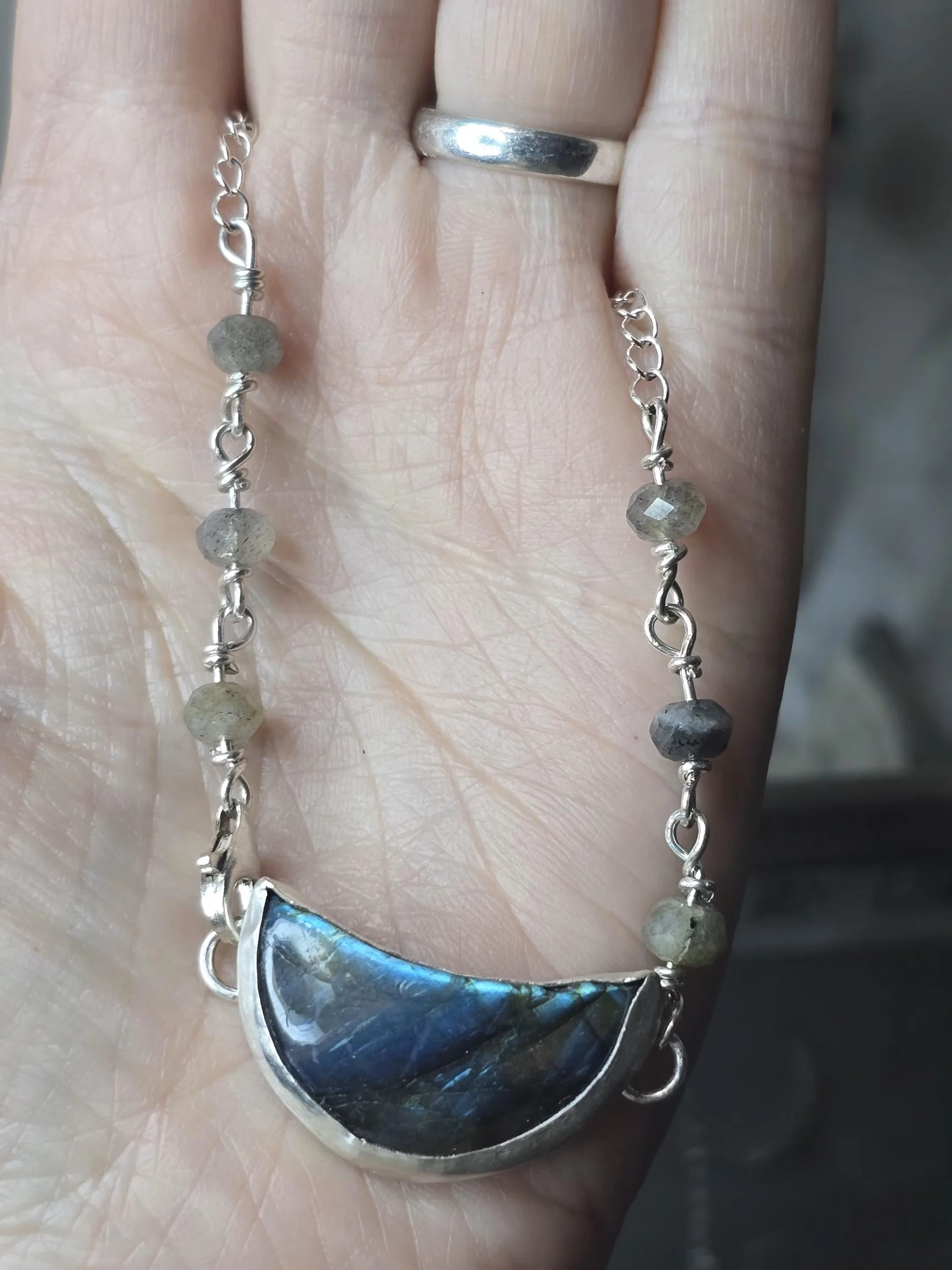 Labradorite Moon Choker Necklace in Silver