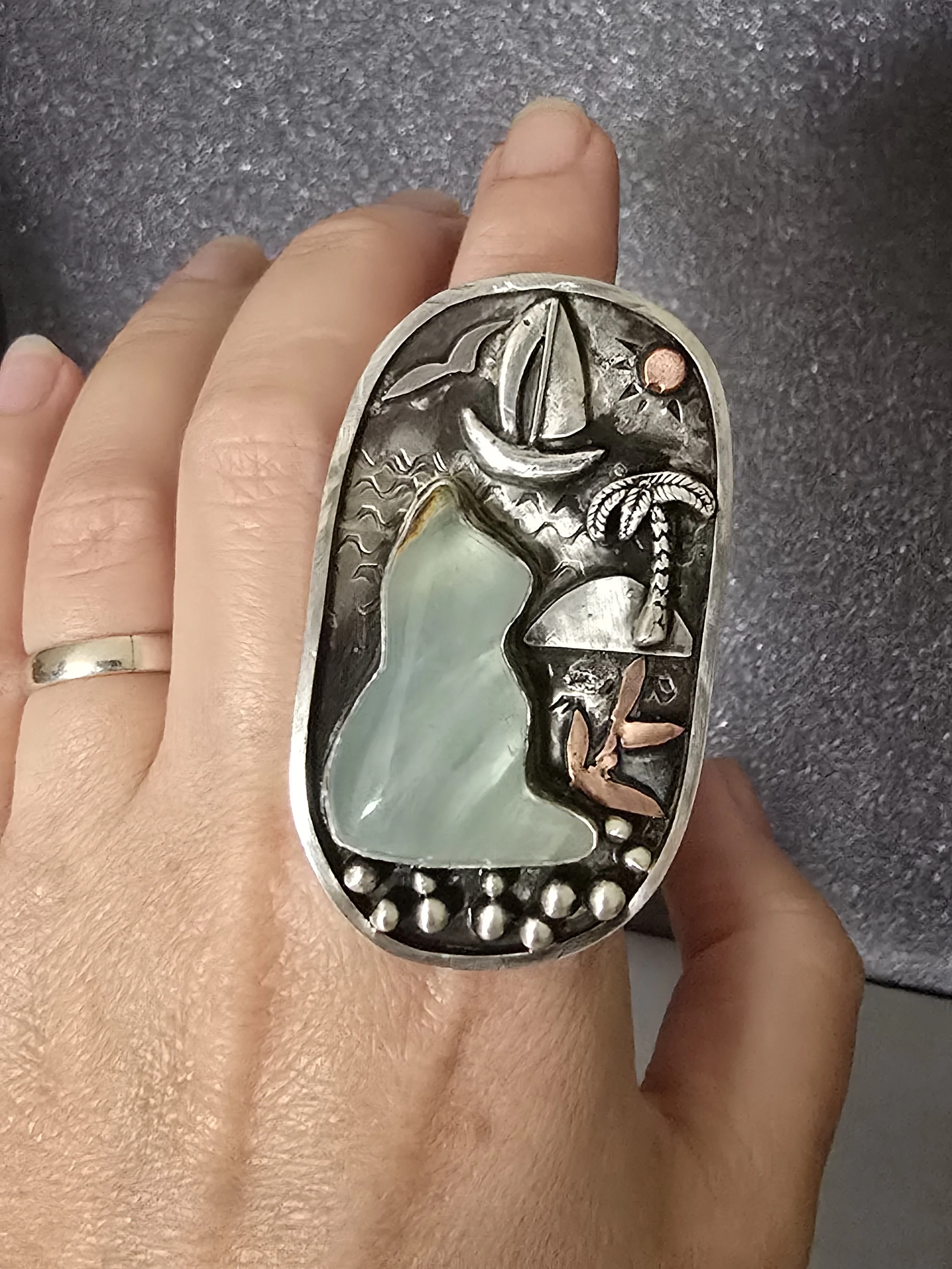 Vacation Cat Silver Statement Ring with BC Ocean Picture Stone-Size 7.5