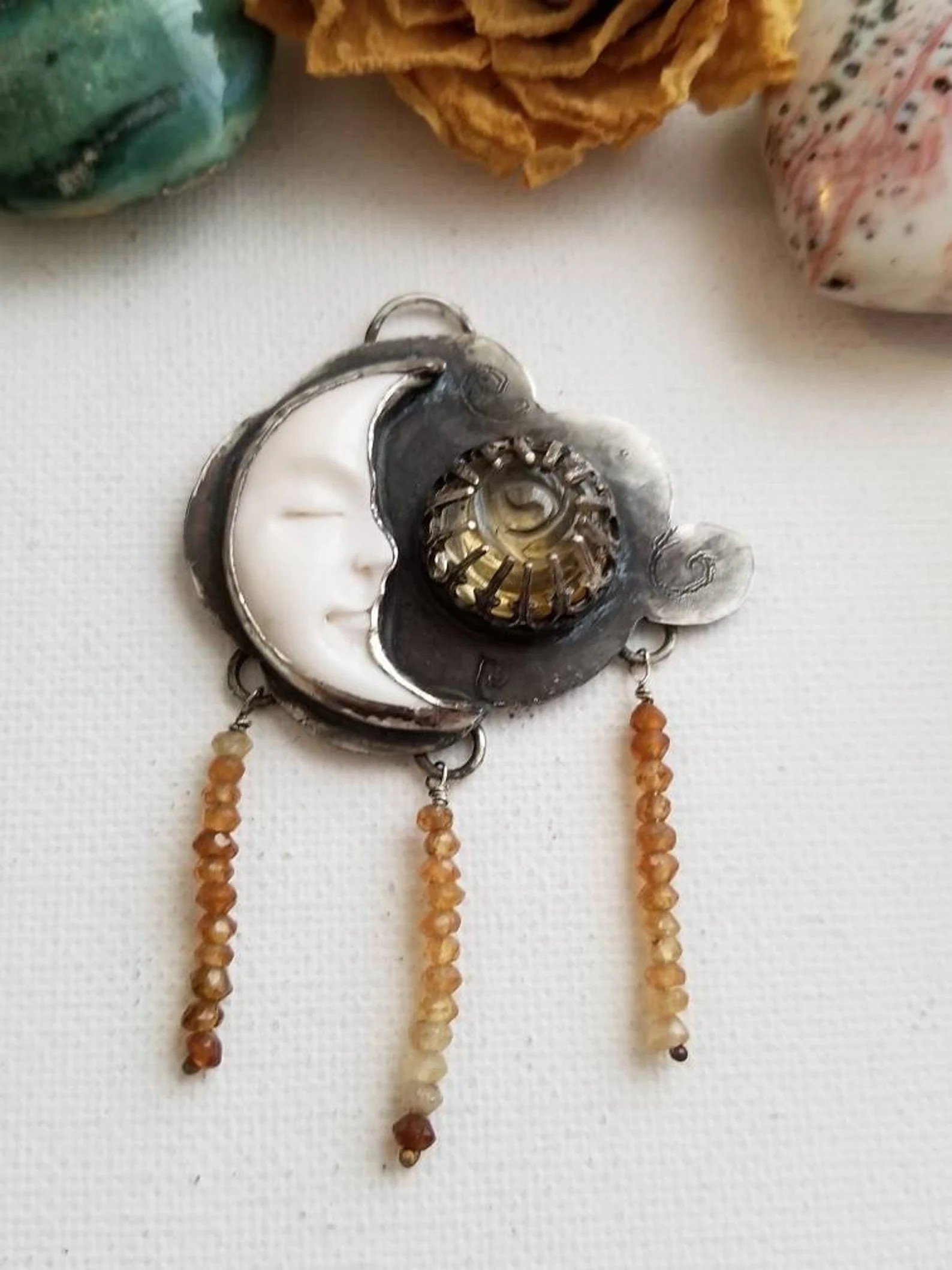 Opal Crescent Moon Pendant with Citrine Beads