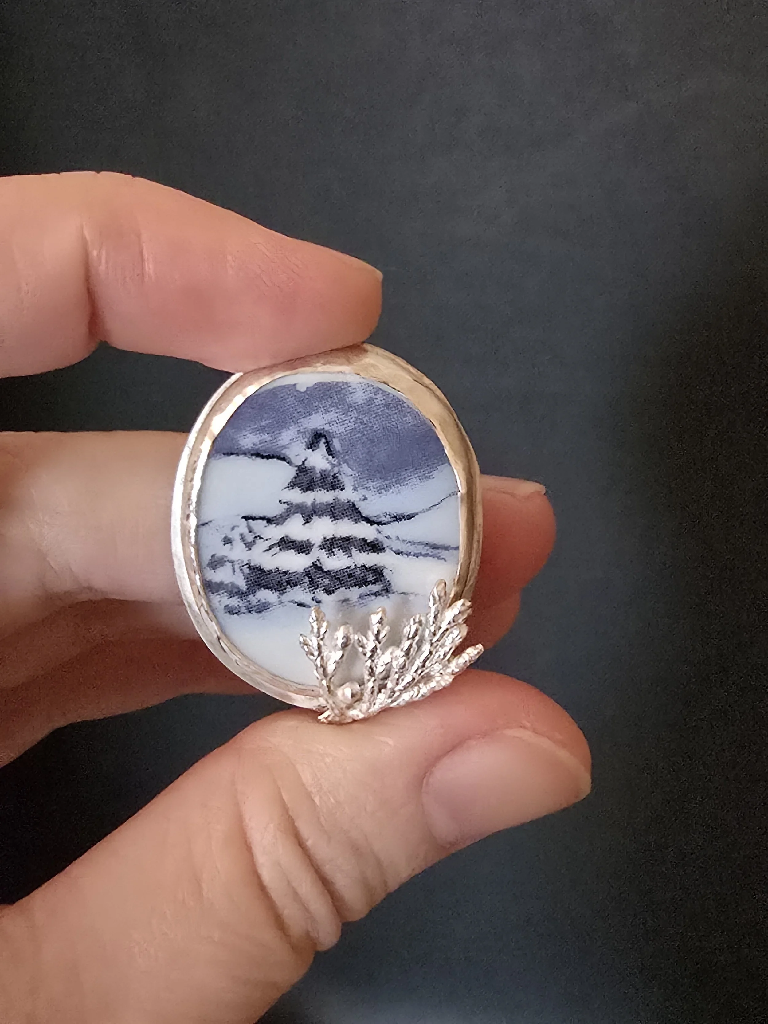 Winter Trees Upcycled China Silver Brooch Artisan Made