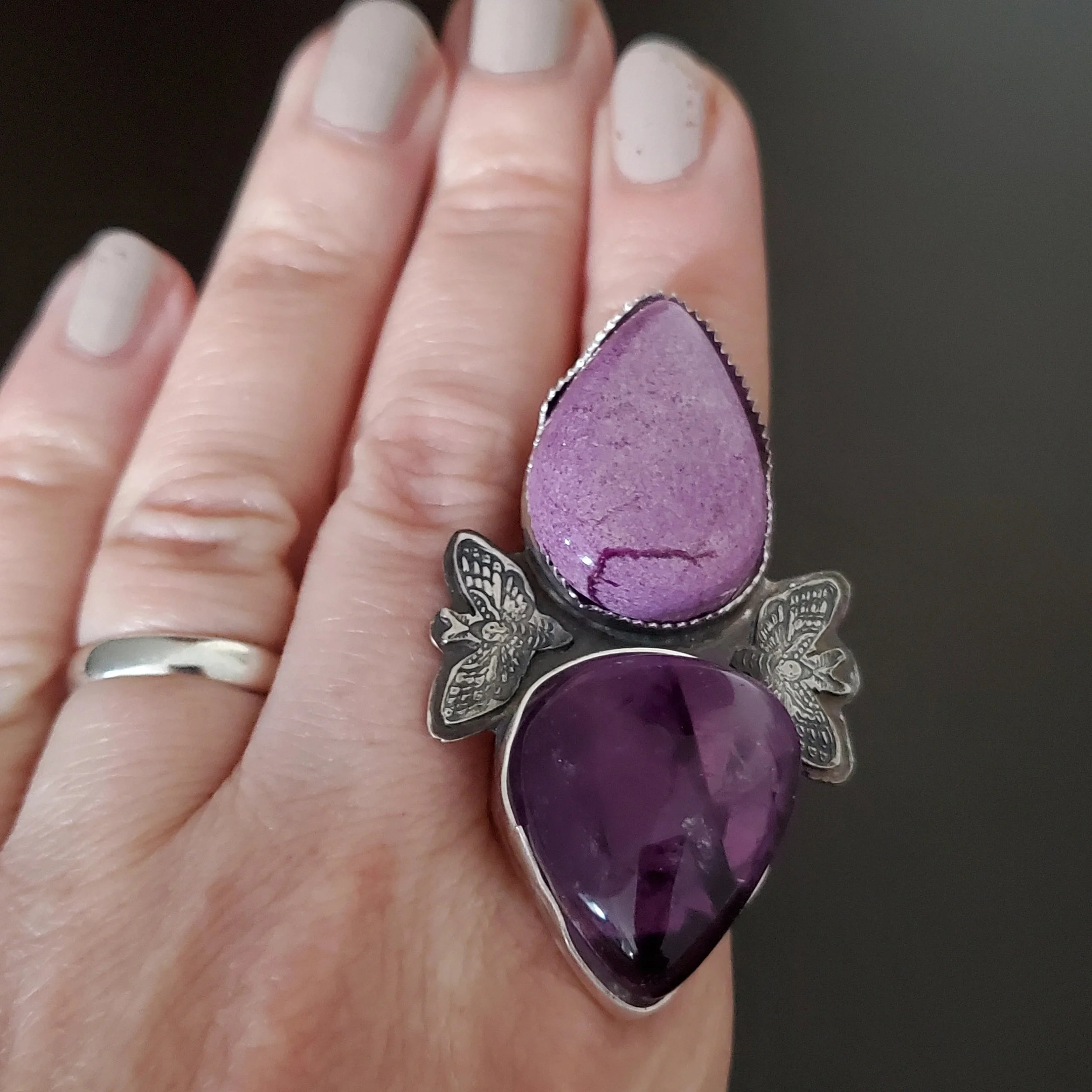 Phosphosiderite Amethyst Silver Moth Ring-Made to Size