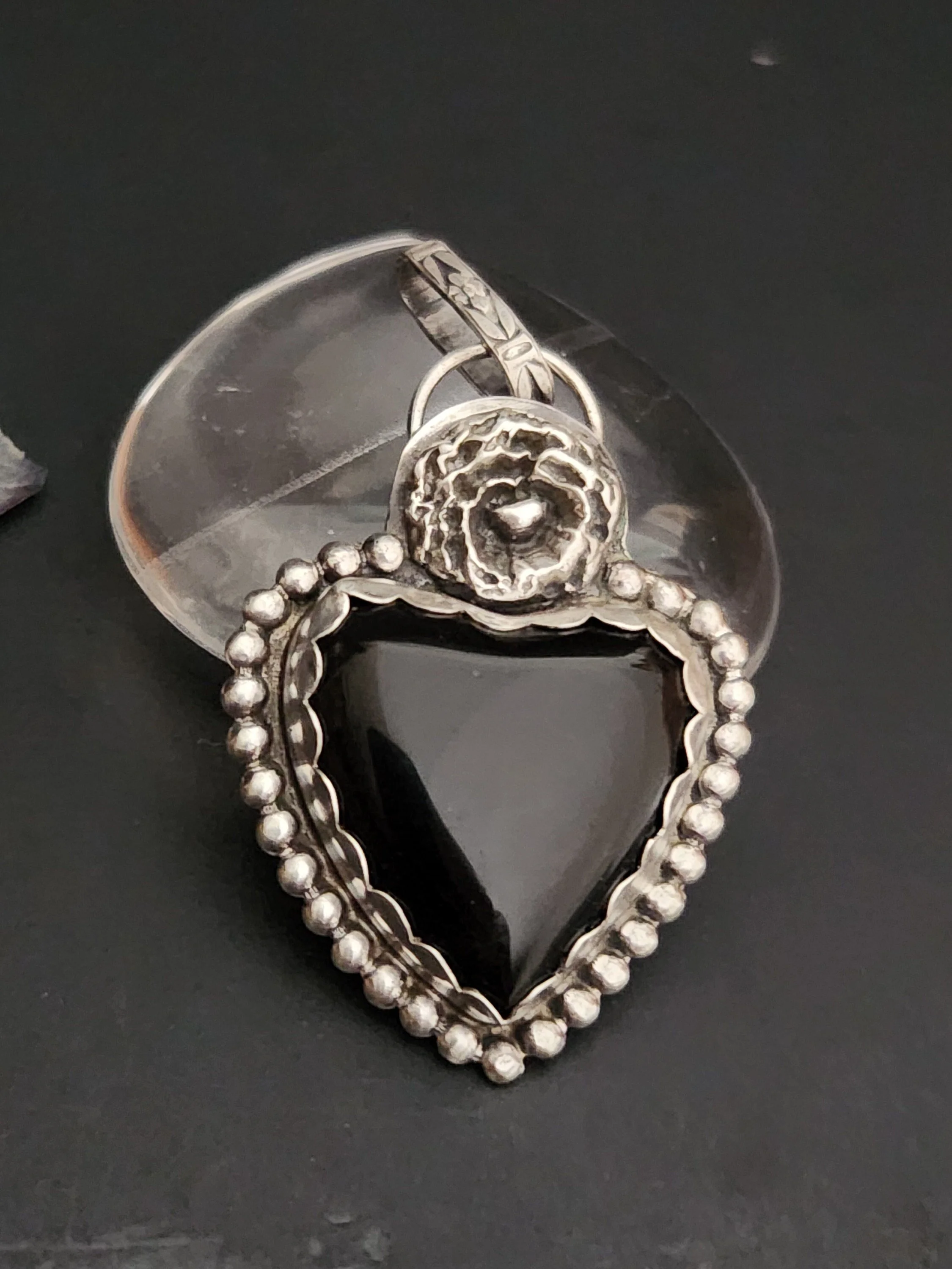 Obsidian Sacred Heart with Poppy Silver Pendant Artisan Jewelry