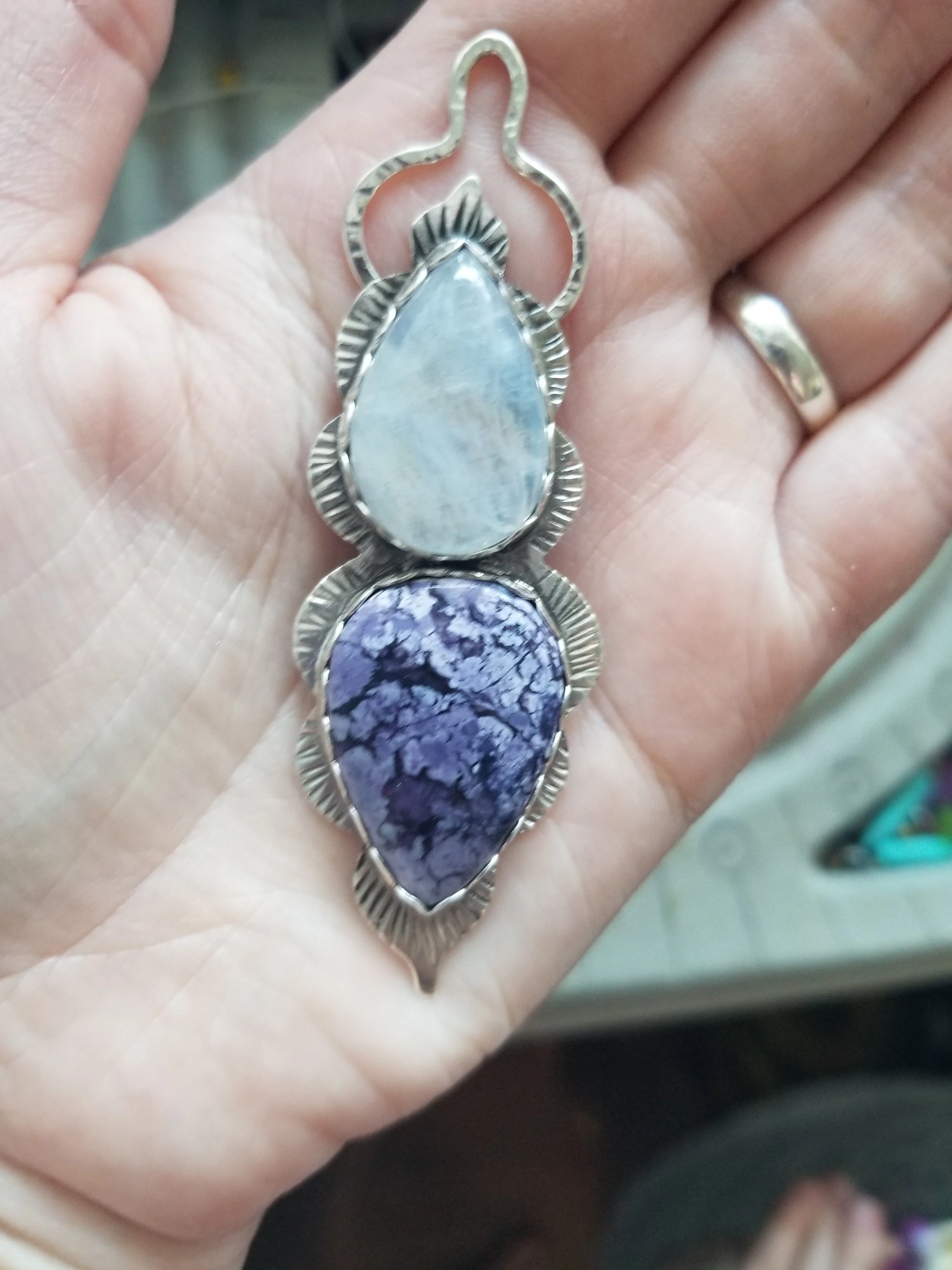Custom made moonstone and Tiffany stone silver pendant