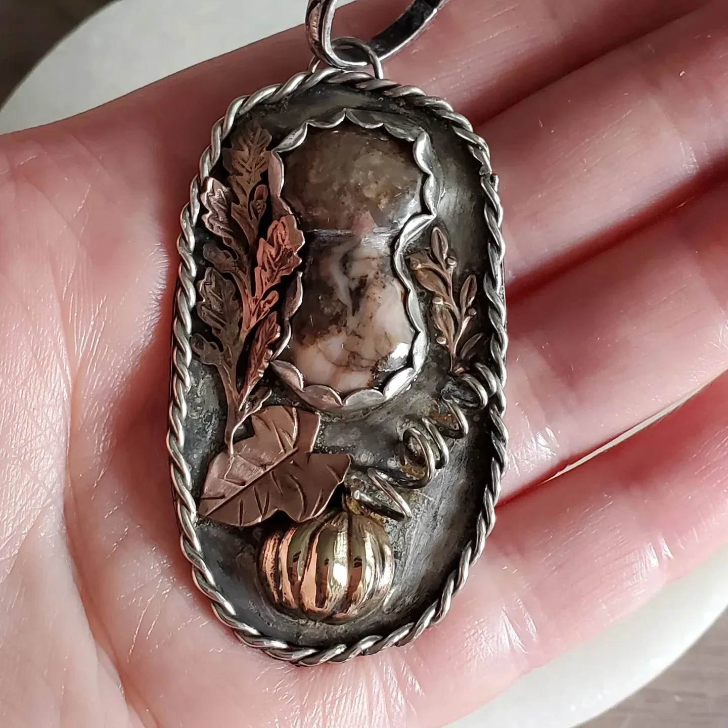 Spirit of Fall Rhodonite Mushroom with Bronze Pumpkin on Silver Pendant