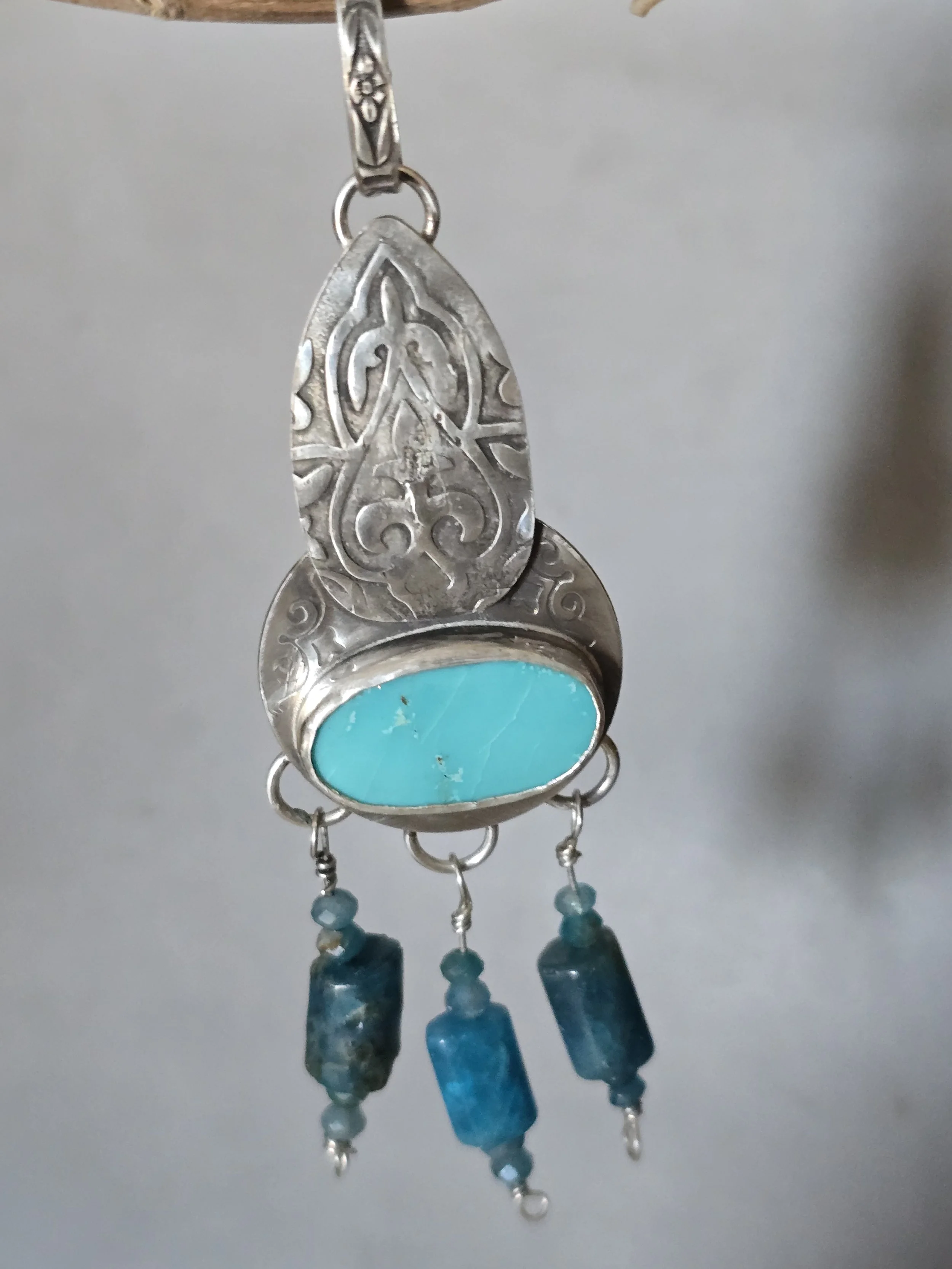 Koshkar Muyiz Silver Sleeping Beauty Turquoise Pendant with Dangles