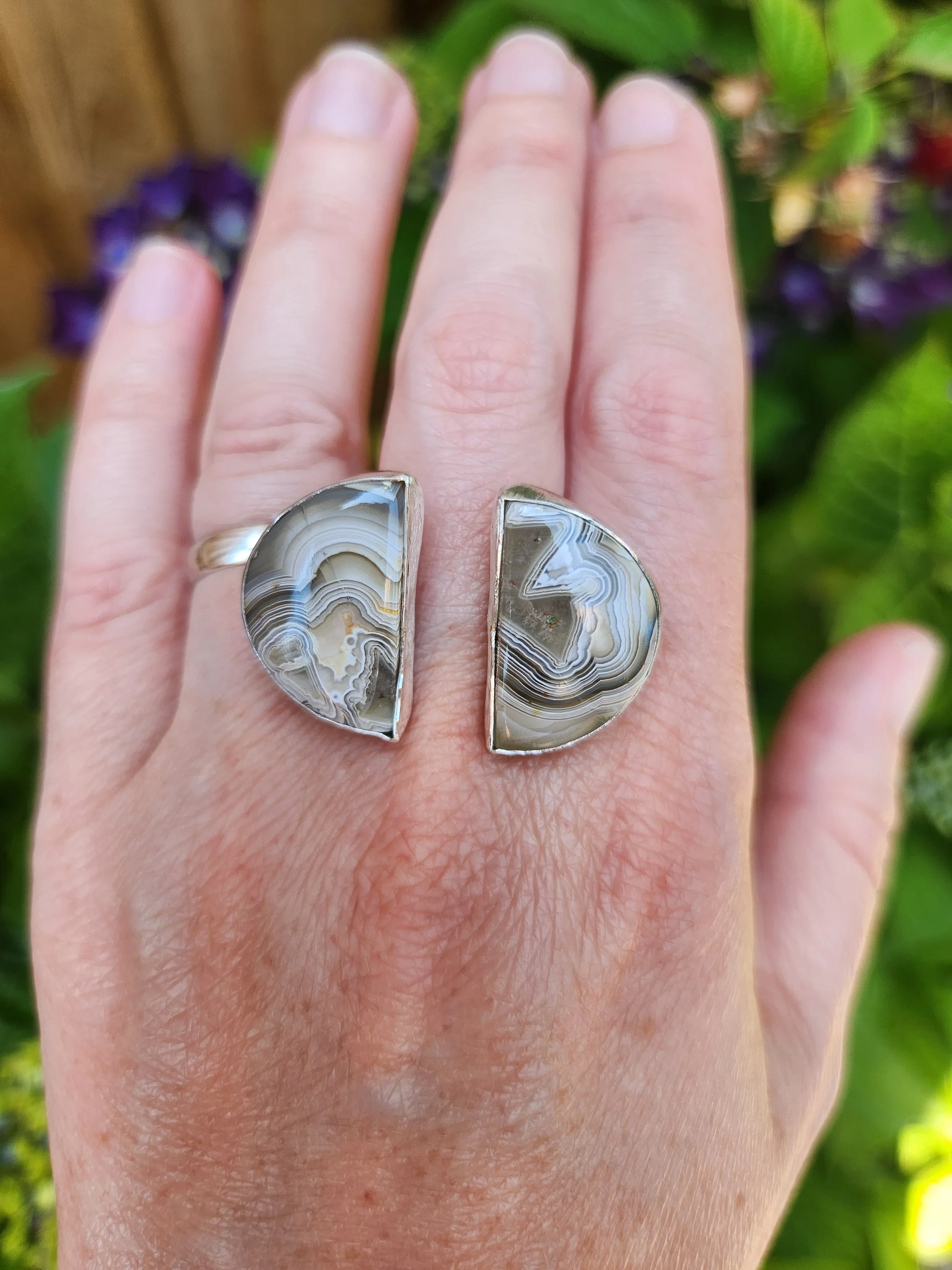 Crazy Lace Agate Split Moon Silver Ring-Size 9