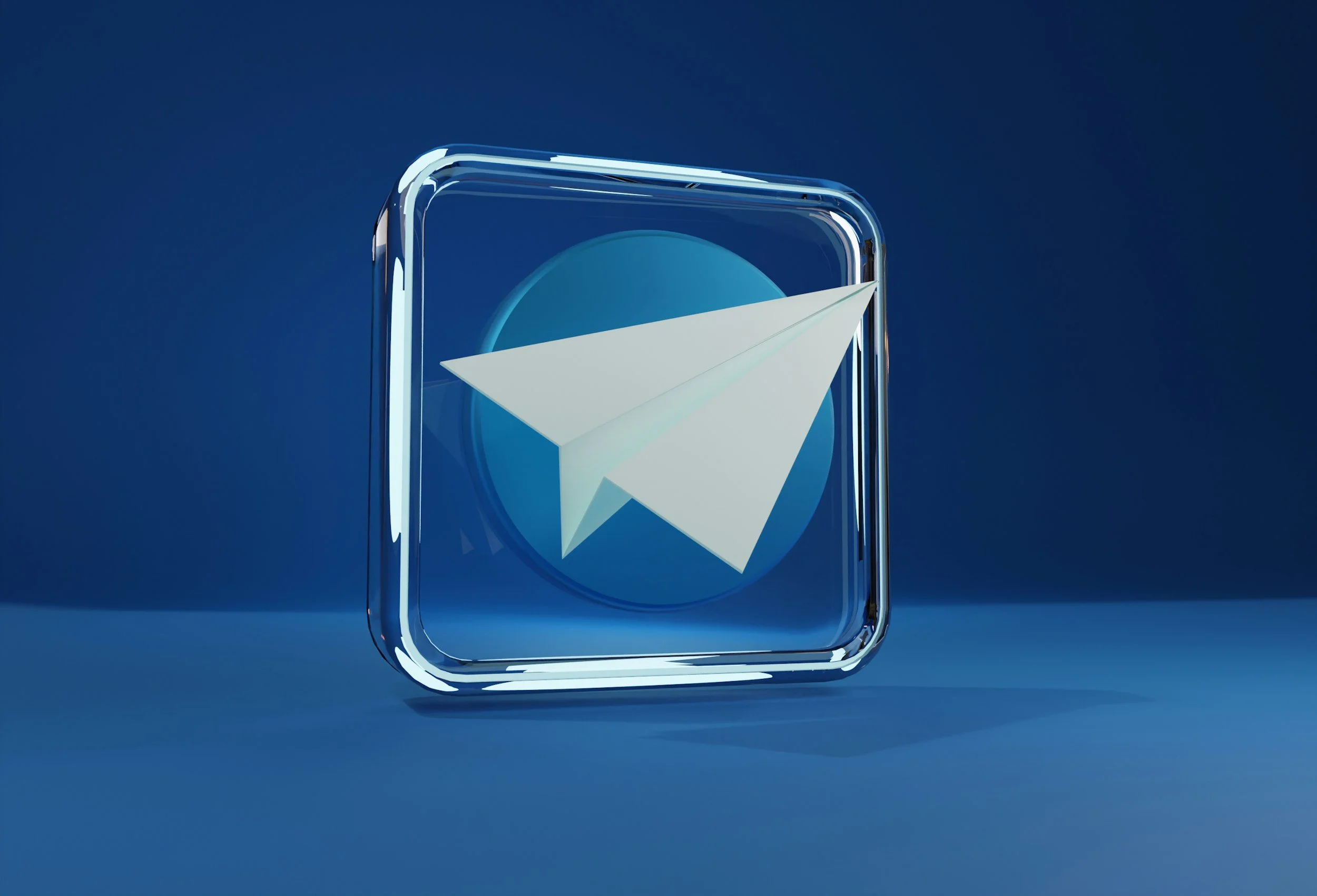 Digital icon of a paper airplane, representing the messaging app Telegram, displayed on a transparent square button with a blue background.