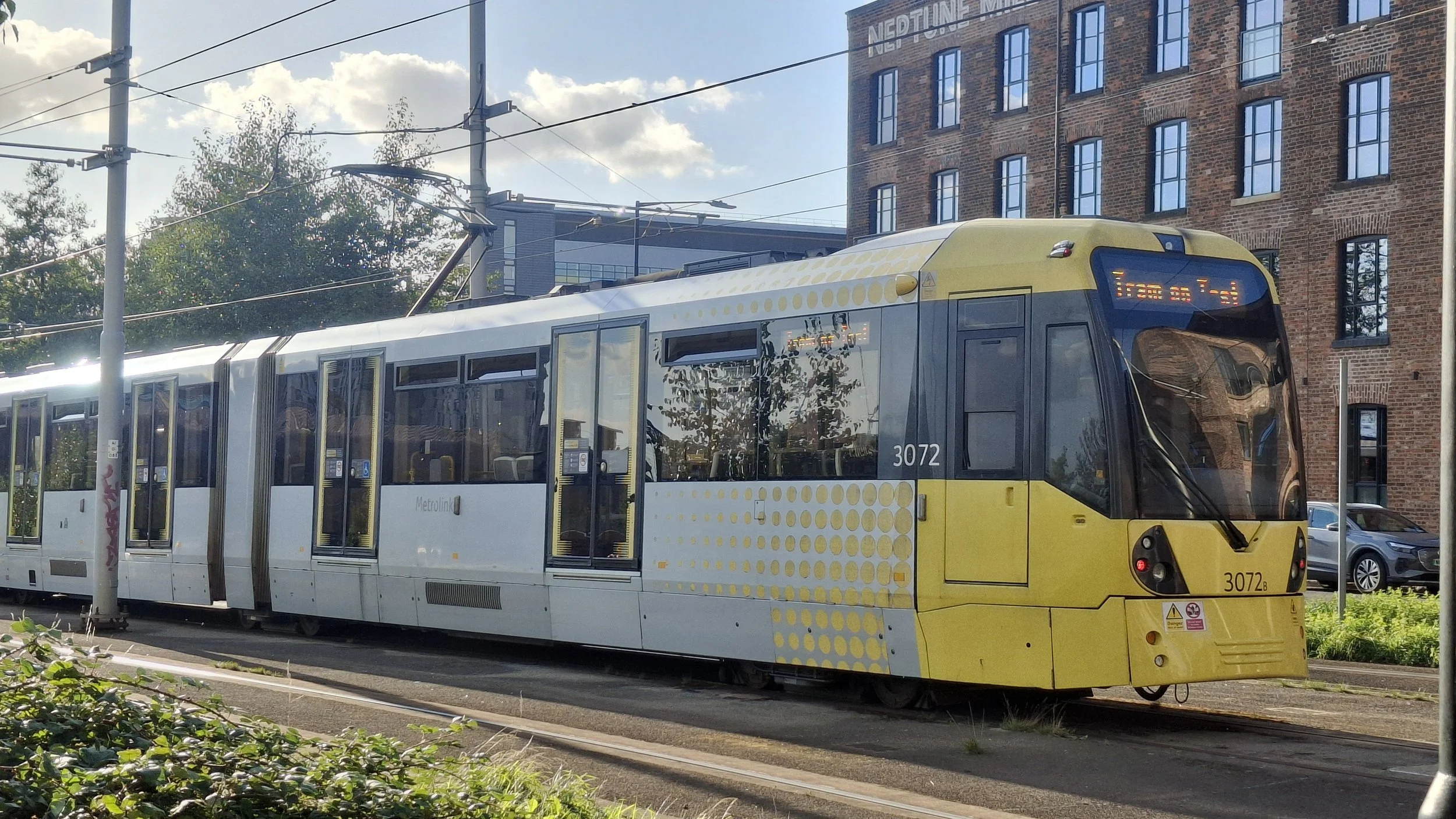 Tram 3072 stabled at Sheffield Street displaying “Tram on Test", 28 September 2026.